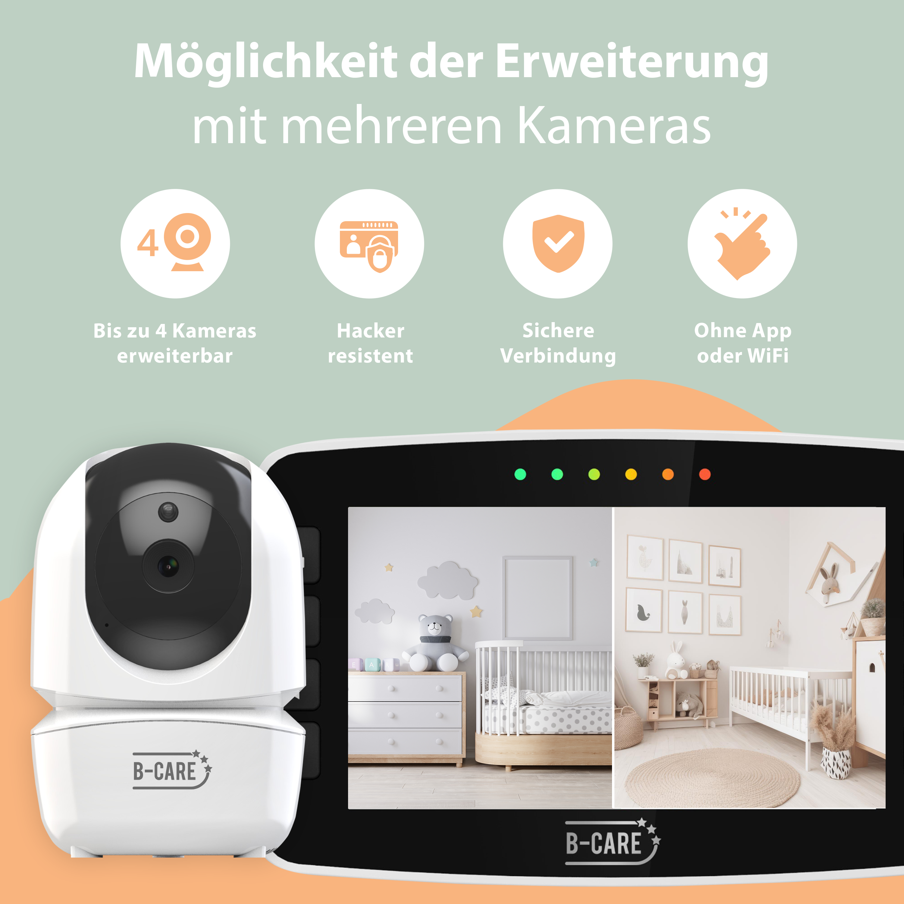 Ein Babyphone mit Kamera, einem Bildschirm mit einem Kinderbett und Text. Symbole zeigen Funktionen.