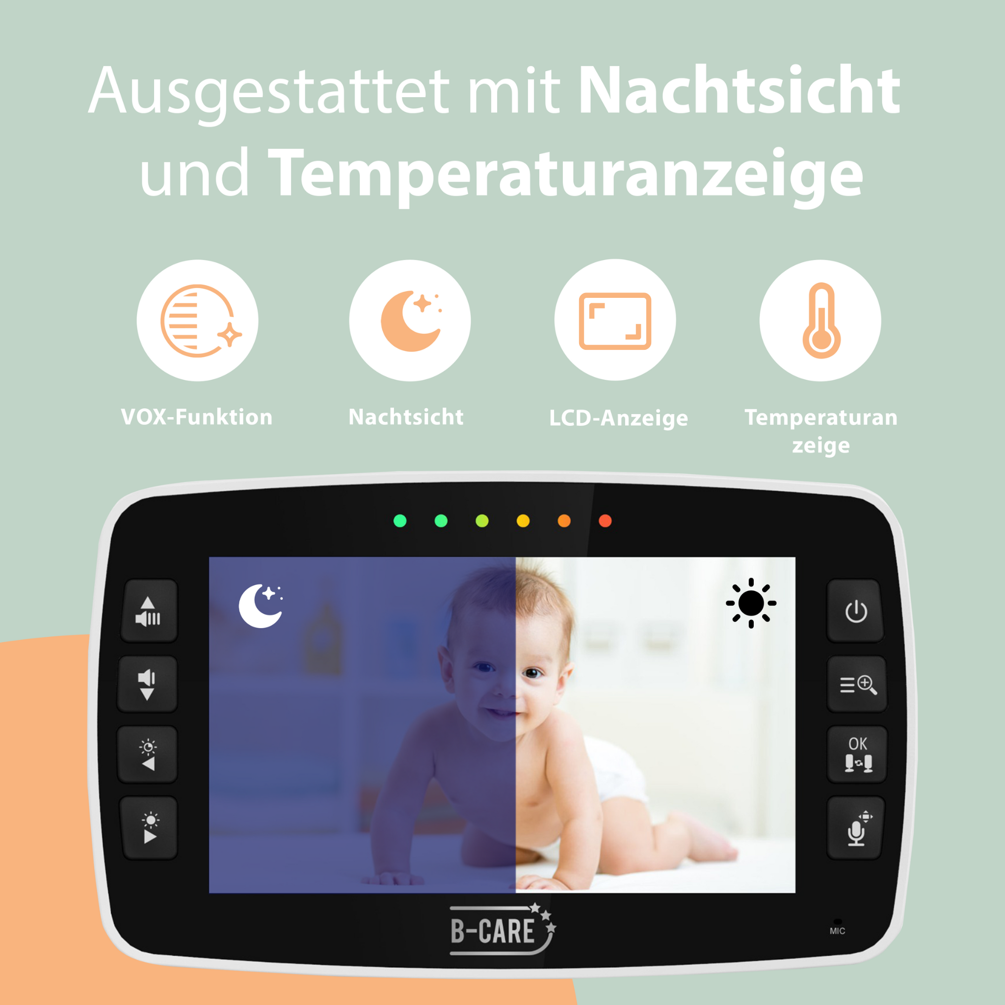 Babyphone-Bildschirm mit Babygesicht und Symbolen, mit deutschem Text: 'Ausgestattet mit Nachtsicht...'