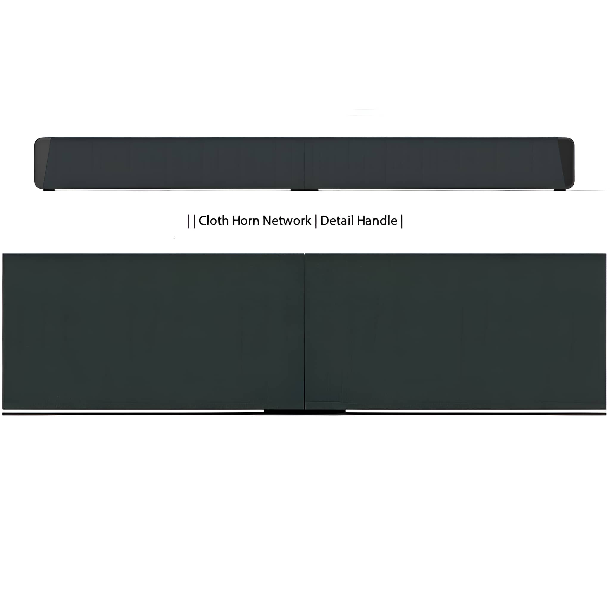 Eine dunkelgraue Soundbar mit Stoffhornnetzwerk-Details.