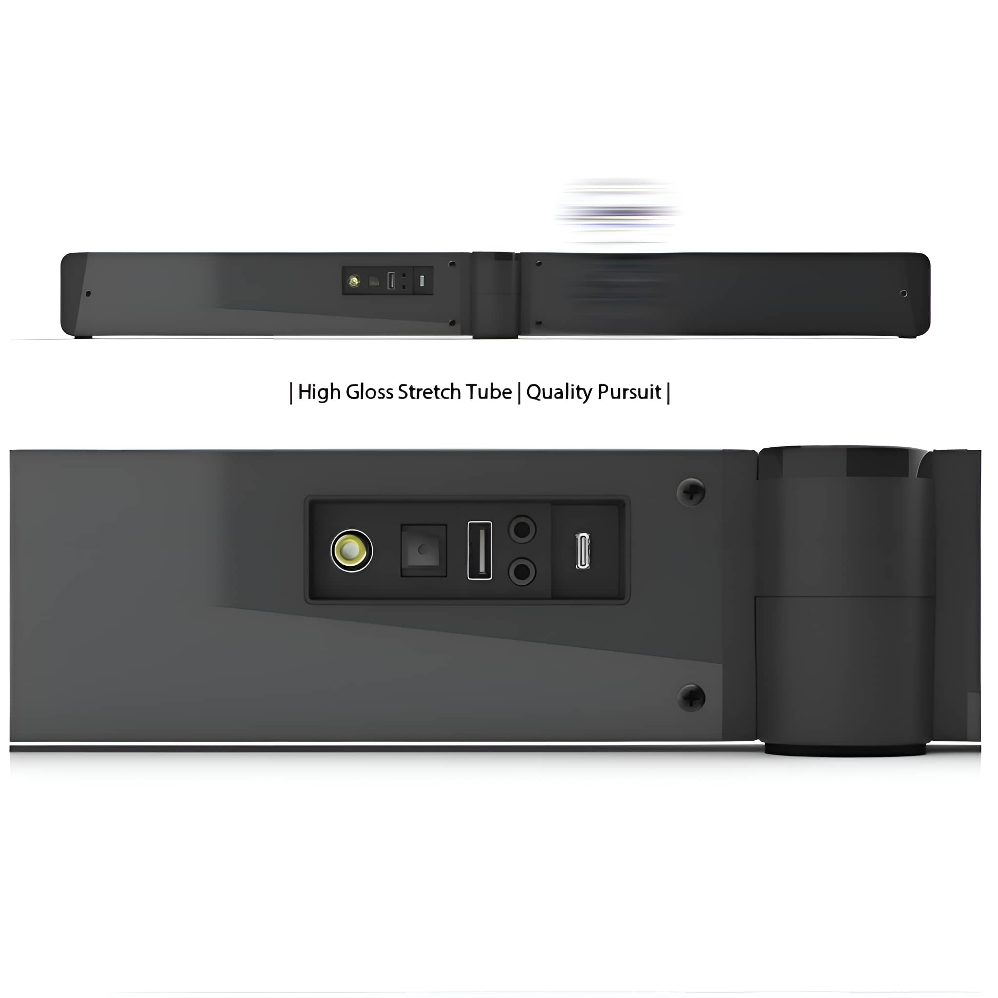Schwarze TV-Soundbar mit Anschlüssen und Details. Text: High Gloss Stretch Tube | Quality Pursuit |