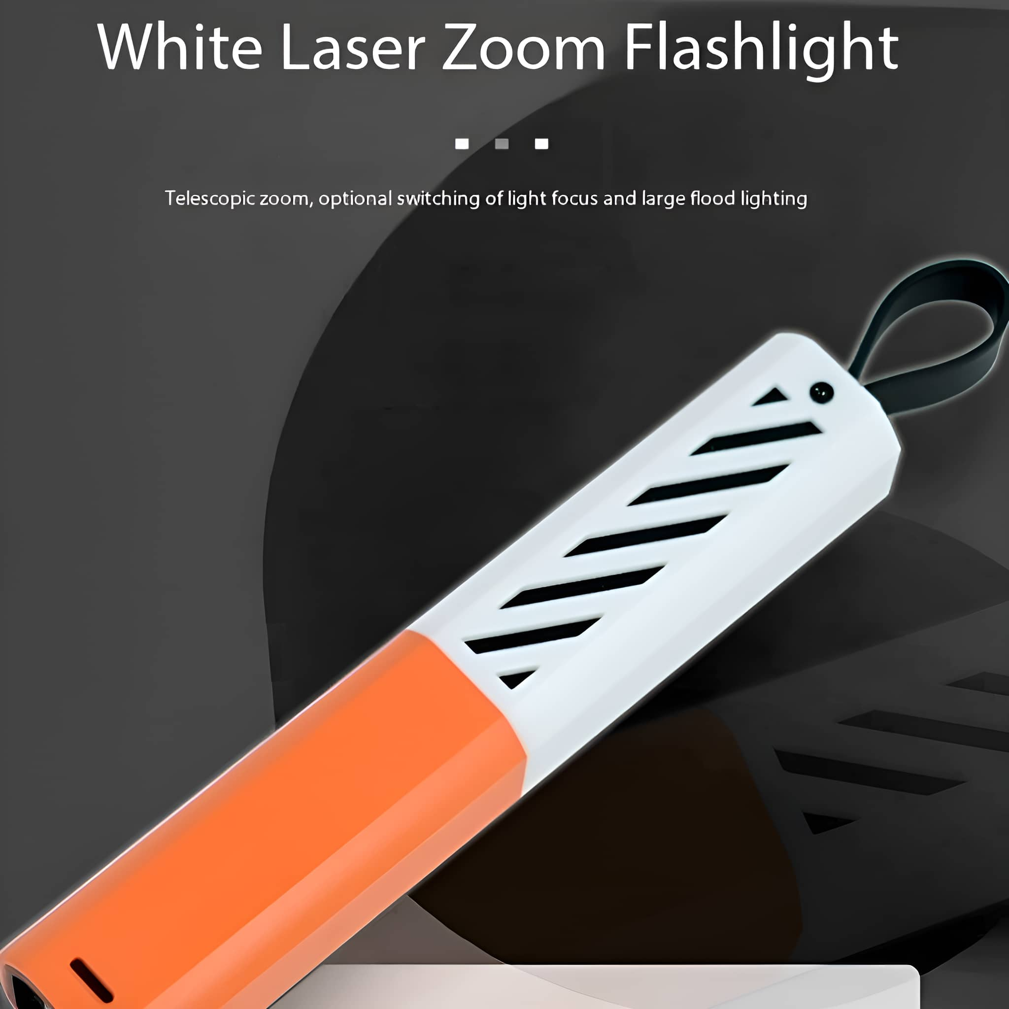 Weiße und orangefarbene Taschenlampe mit schwarzer Schlaufe und Text über Zoom und Flutlicht.