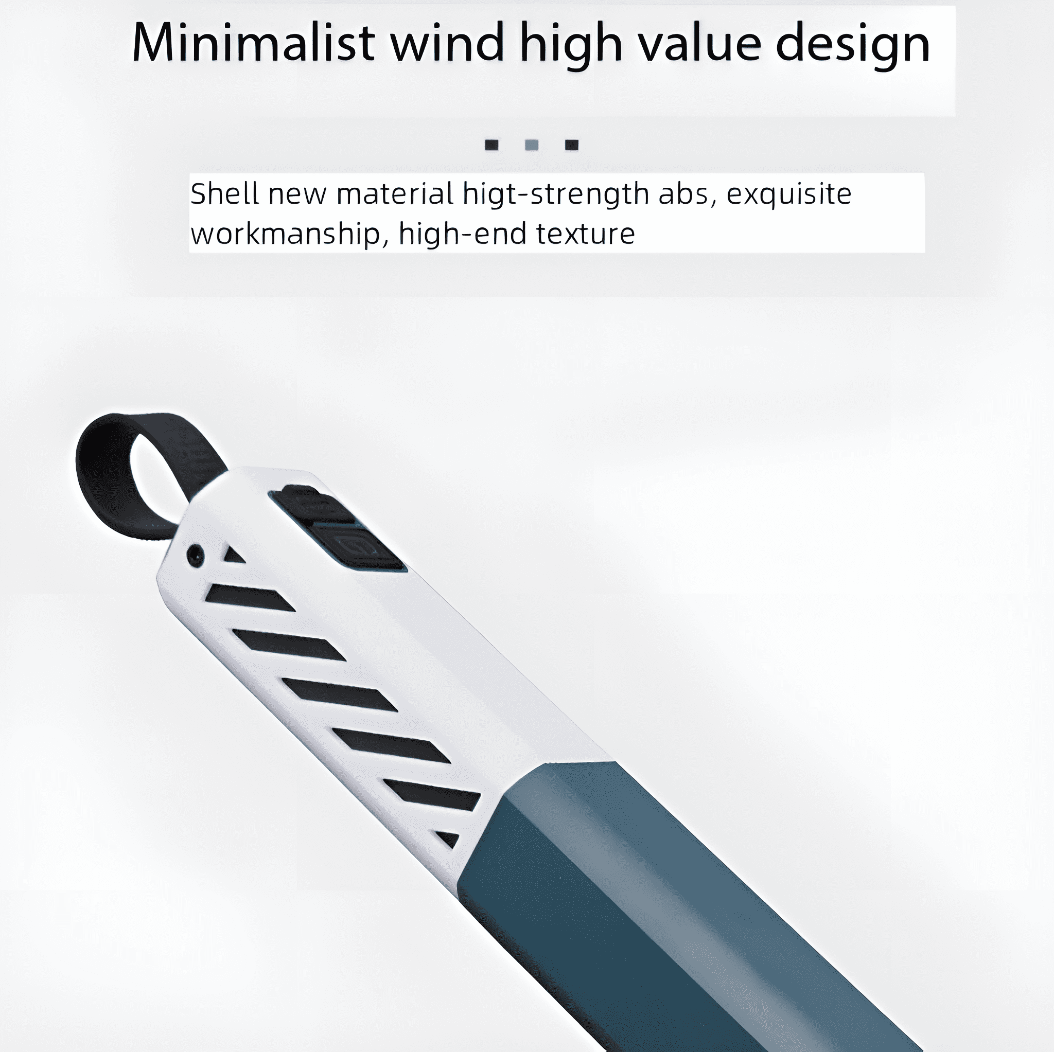 Ein weißes und blaugrünes Gerät mit schwarzer Schlaufe, Lüftungsschlitzen und einem Knopf. Text lautet: 'Minimalistisches Winddesign mit hohem Wert'.