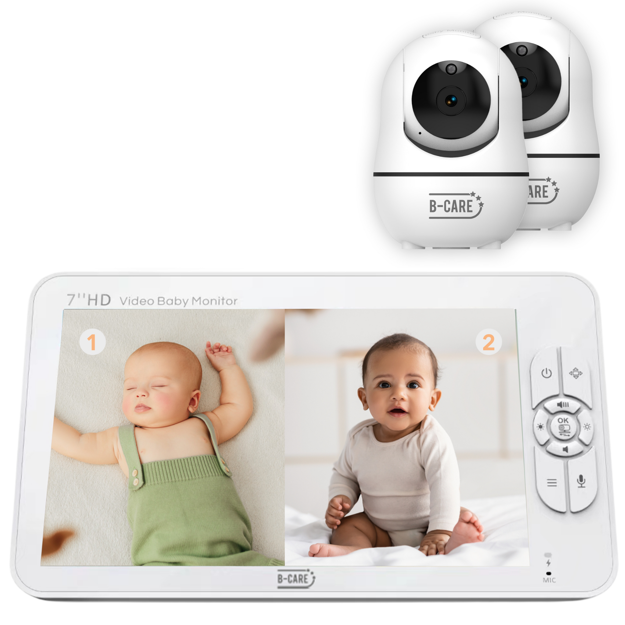 Babyphone zeigt zwei Babys. Eines schläft, das andere lächelt. Zwei Kameras über dem Monitor.