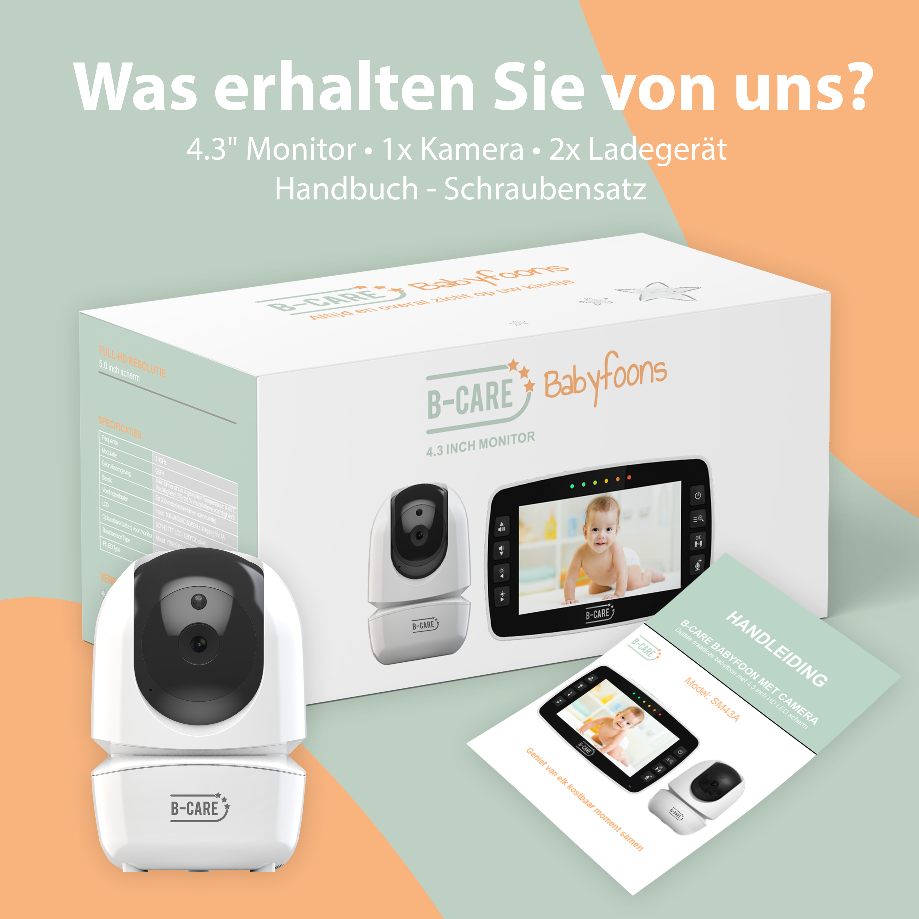 Babyphone-Box, Kamera und Monitor. Anzeige zeigt ein Baby. Weißer Hintergrund.