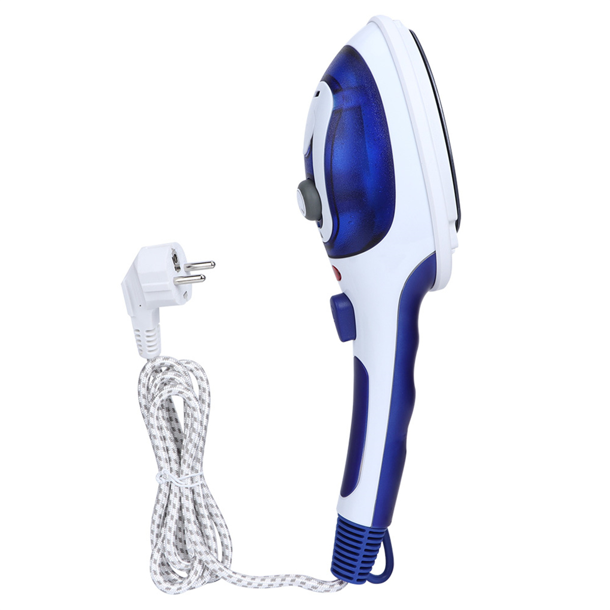 Ein weißes und blaues Handdampfbügeleisen mit Kabel und Stecker vor weißem Hintergrund.