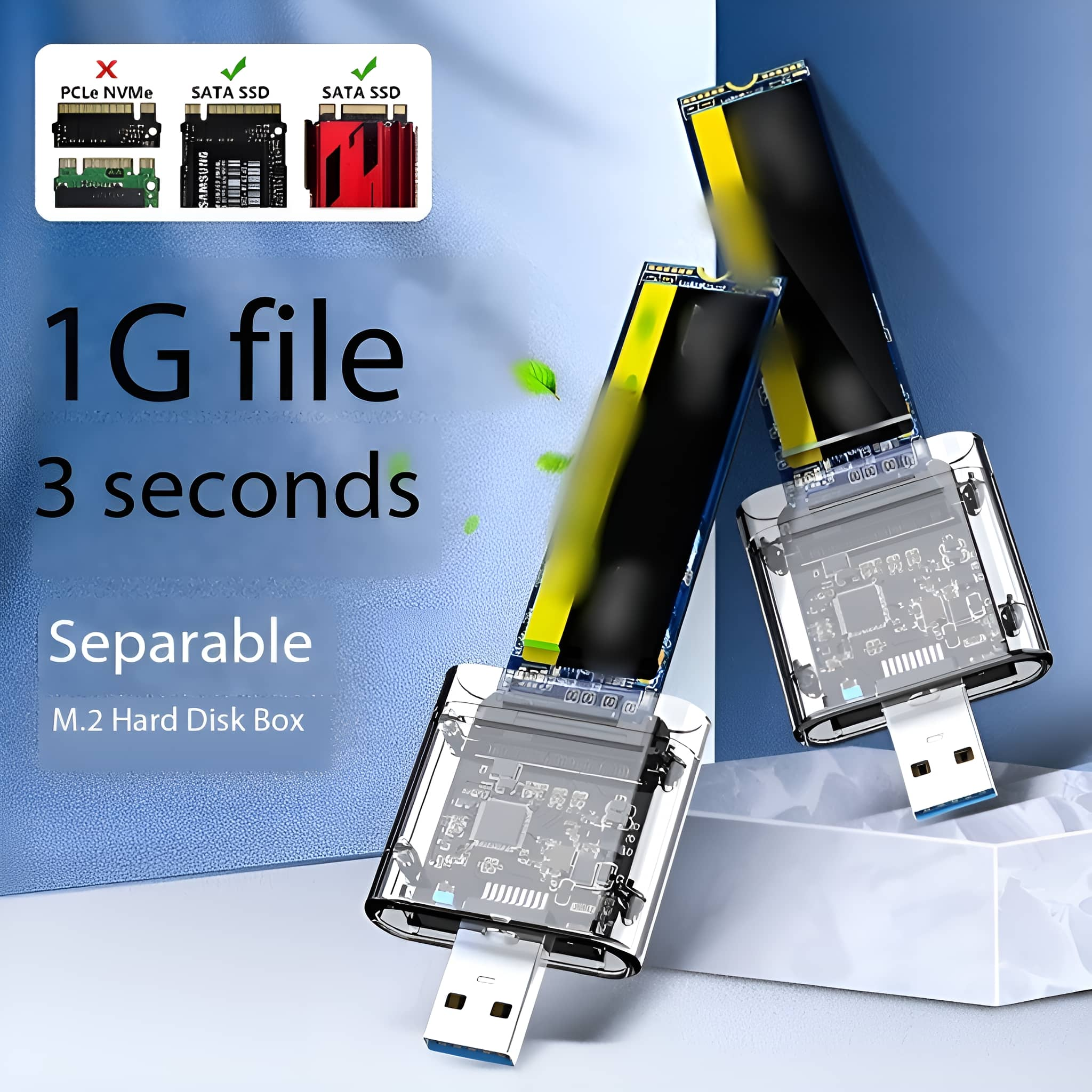 Transparenter USB-Stick mit zwei Teilen, Label: 1G Datei in 3 Sek.