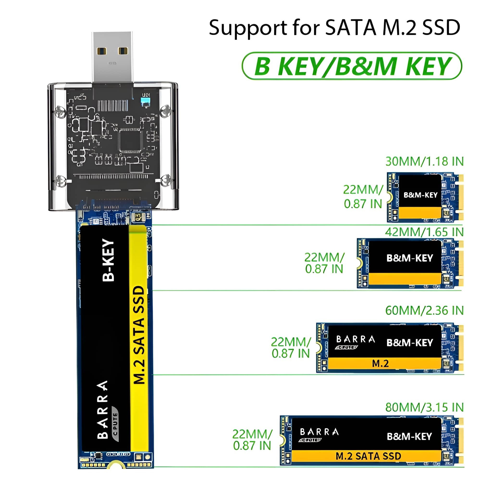 Eine elektronische Platine mit M.2 SATA SSD-Komponenten. Verschiedene Größen und Konfigurationen werden gezeigt.