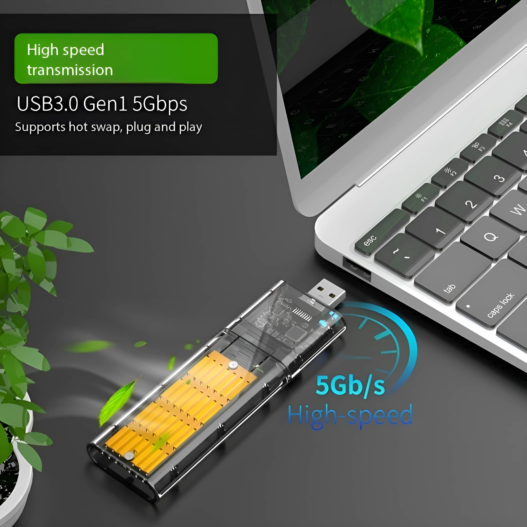 USB 3.0 Gen1 5 Gbit/s Adapter und Laptop. Zeigt einen transparenten Adapter mit internen Komponenten.