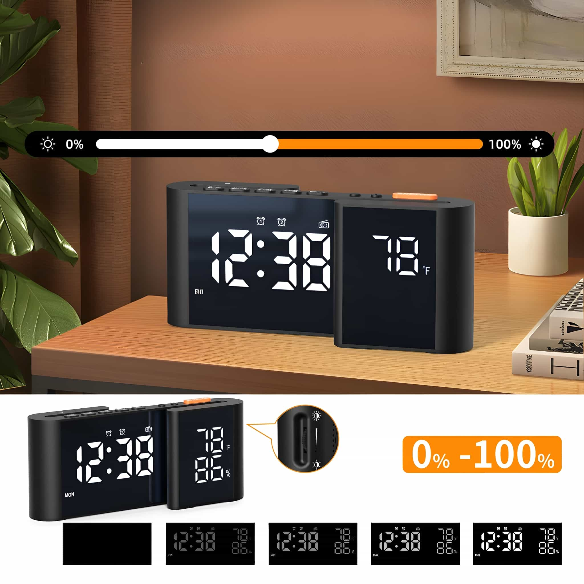 Digitaler Wecker mit weißen Ziffern, zeigt Zeit und Temperatur, mit Helligkeitseinstellungsoptionen.
