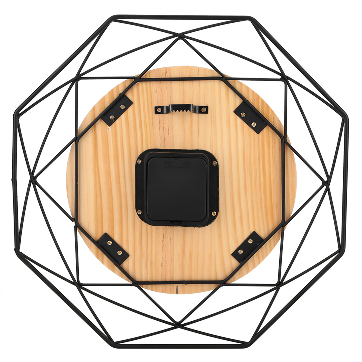 Rückseite einer geometrischen Wanduhr mit Holzmitte. Schwarzer Drahtrahmen und Uhrwerk sichtbar.