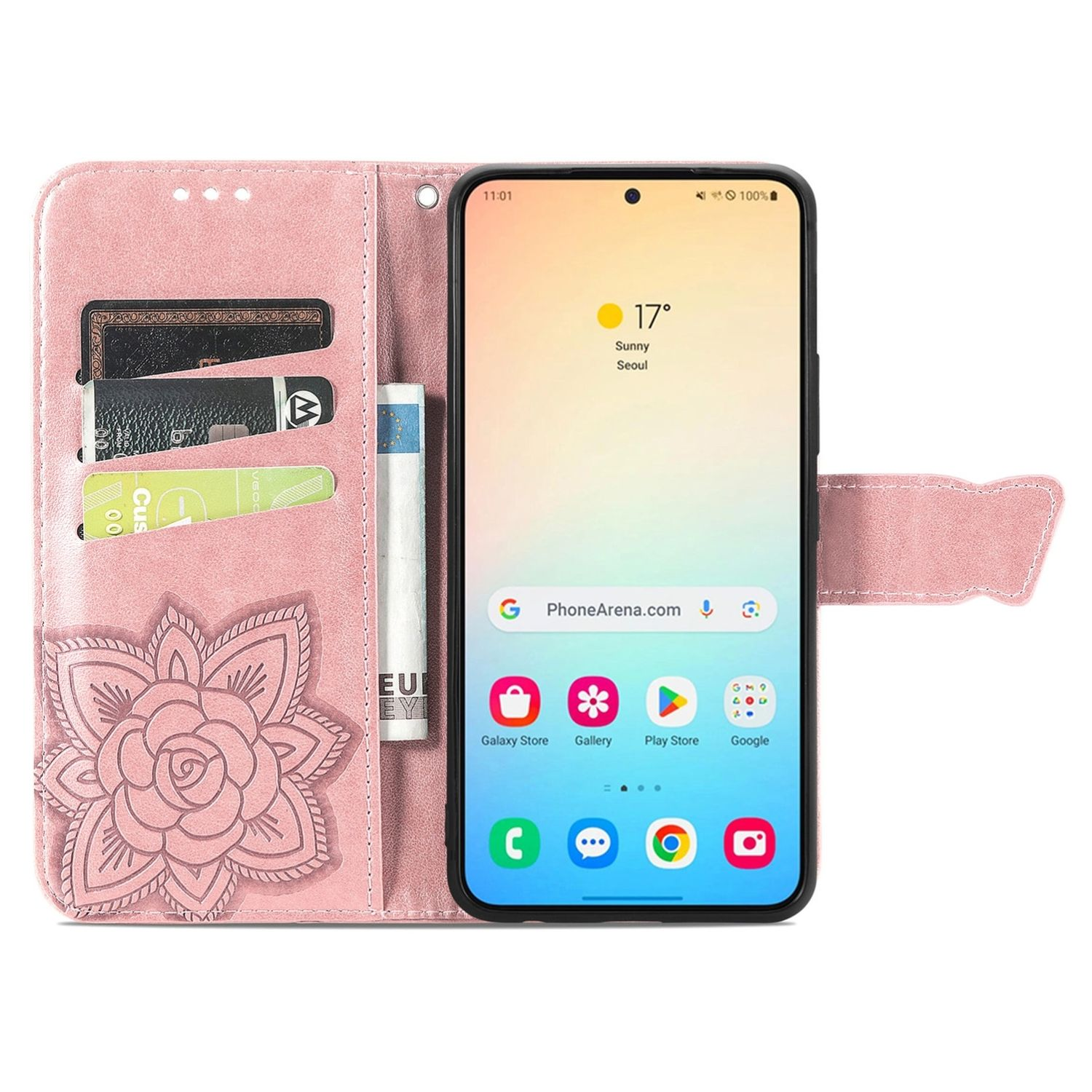 Eine rosa Handyhülle mit Telefon darin. Das Telefon zeigt die Wetter-App mit sonnigem Tag.