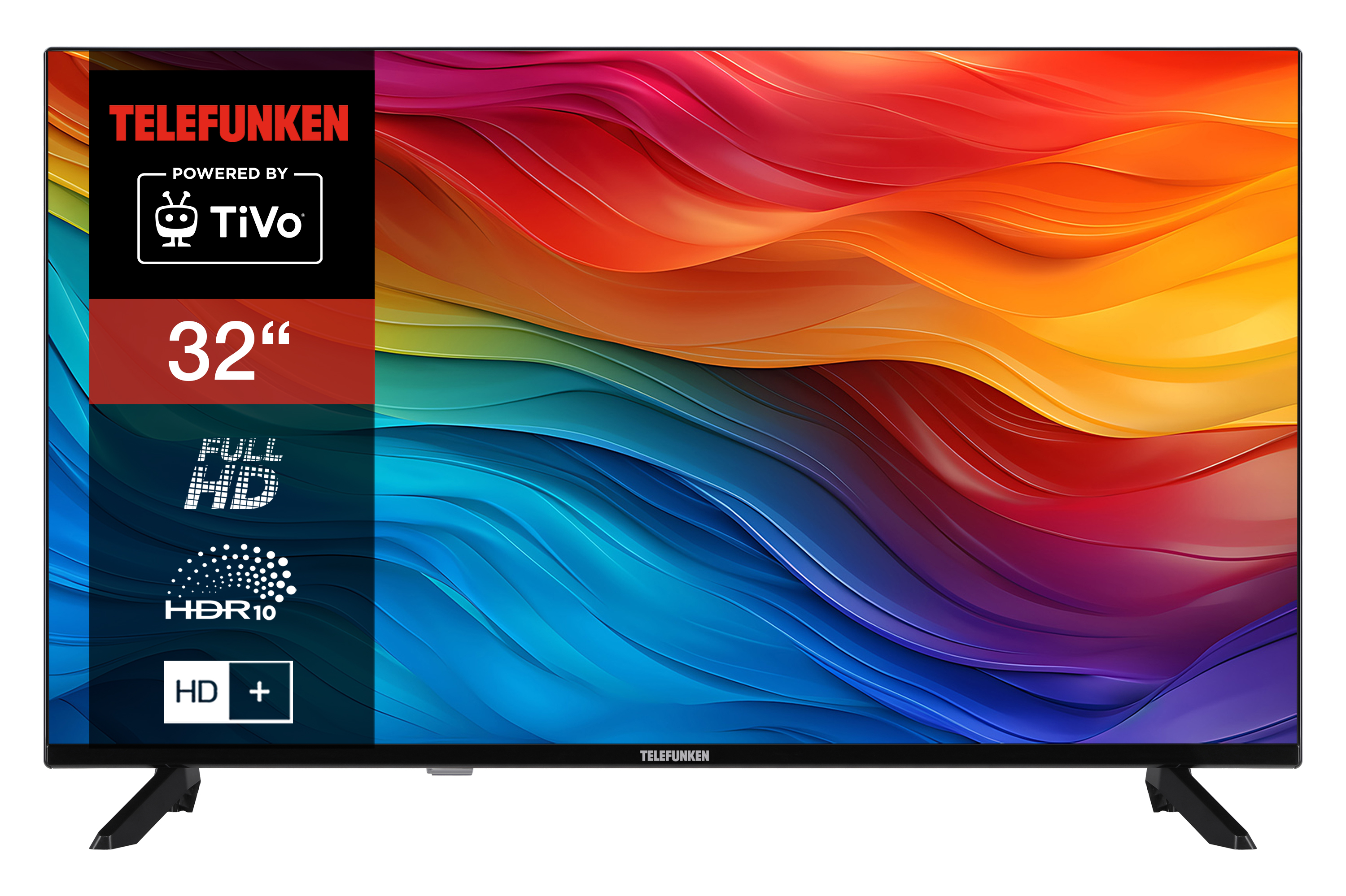 32-Zoll Telefunken Fernseher auf schwarzem Ständer, mit buntem abstraktem Hintergrund. Logos für HD, HDR10 und TiVo sichtbar.