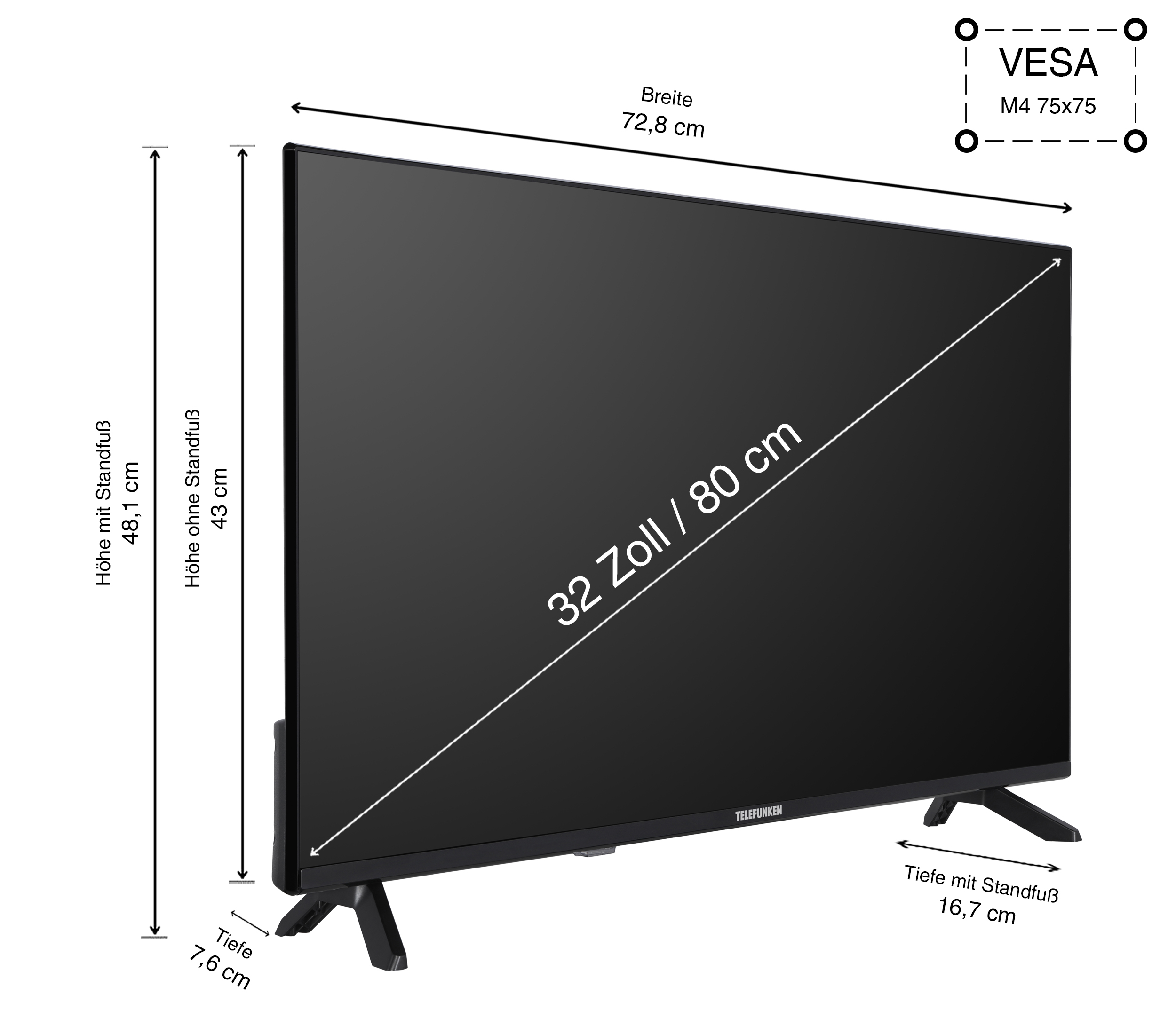 32-Zoll-Fernseher mit Abmessungen und VESA-Spezifikationen. Es ist auf weißem Hintergrund.