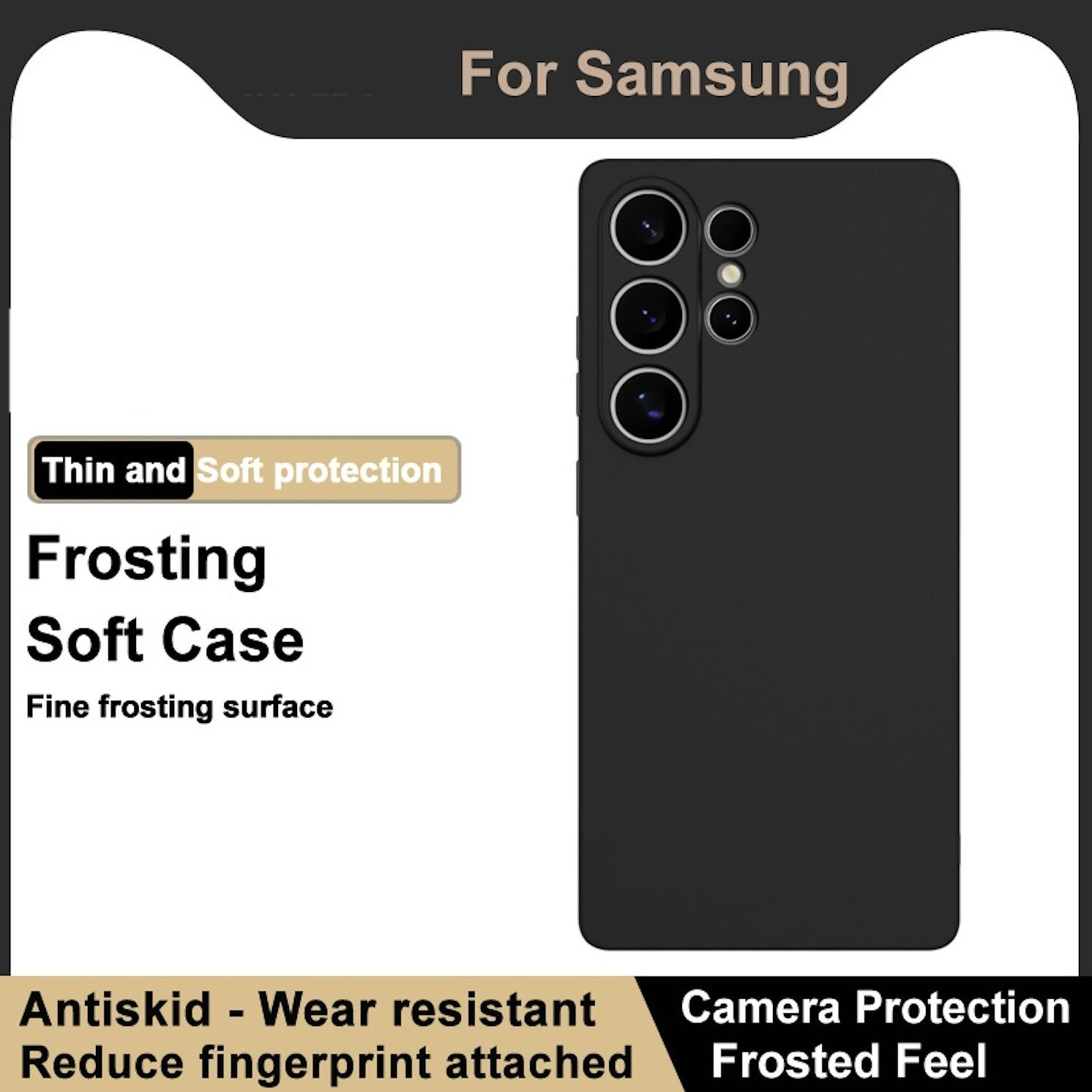 Funda negra para teléfono sobre fondo blanco. Texto: protección delgada y suave, funda suave de glaseado. Para Samsung.