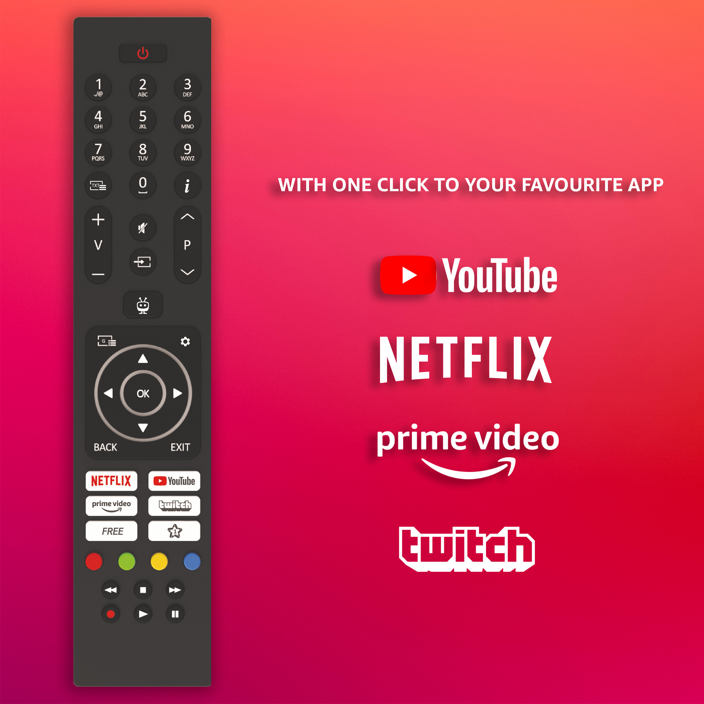 Schwarze Fernbedienung mit verschiedenen Tasten und App-Logos für Streaming-Dienste.