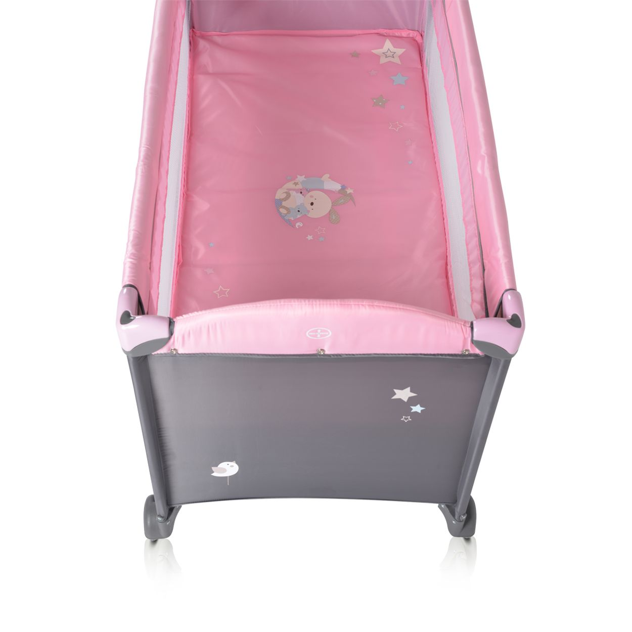Ein rosa-grauer Laufstall mit gepolsterter Basis, Sternen und einem Einhorn-Aufkleber.