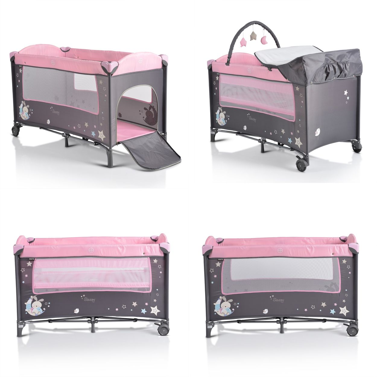 Vier Ansichten eines grauen und rosa Baby-Reisebettes, die verschiedene Winkel zeigen, alle auf weißem Hintergrund.