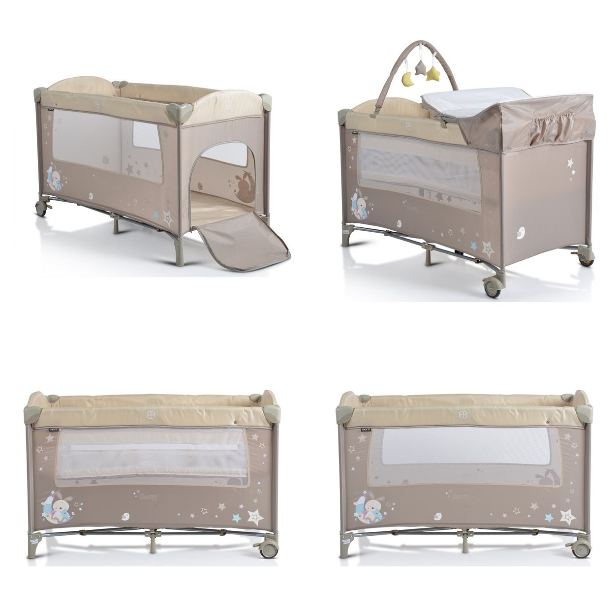 Ein Baby-Reisebett in vier verschiedenen Ansichten. Beige und braun mit Zeichentrickfiguren.