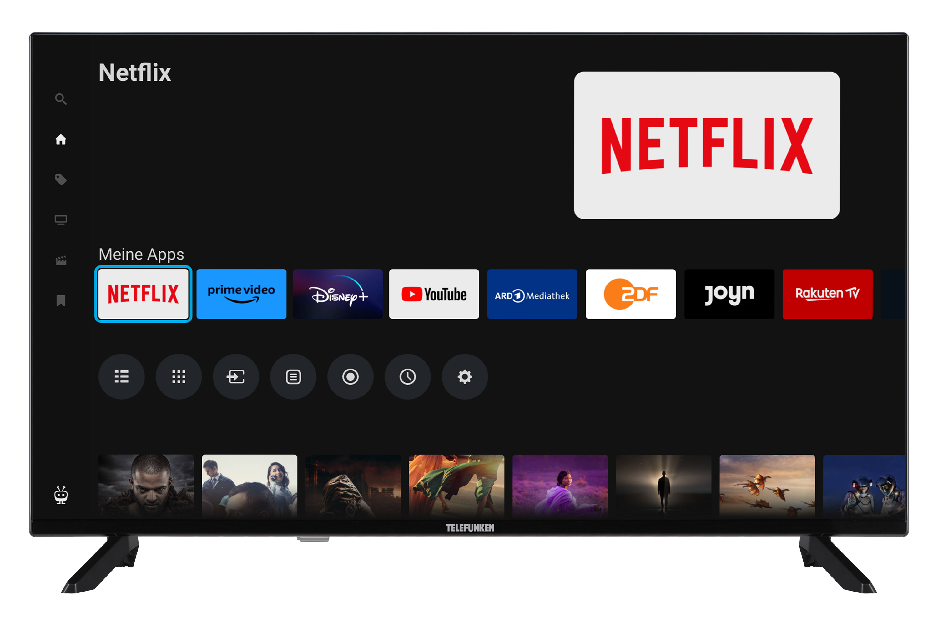 Ein schwarzer Telefunken-Fernseher, der die Netflix-App mit anderen App-Symbolen anzeigt. Der Bildschirm ist an.
