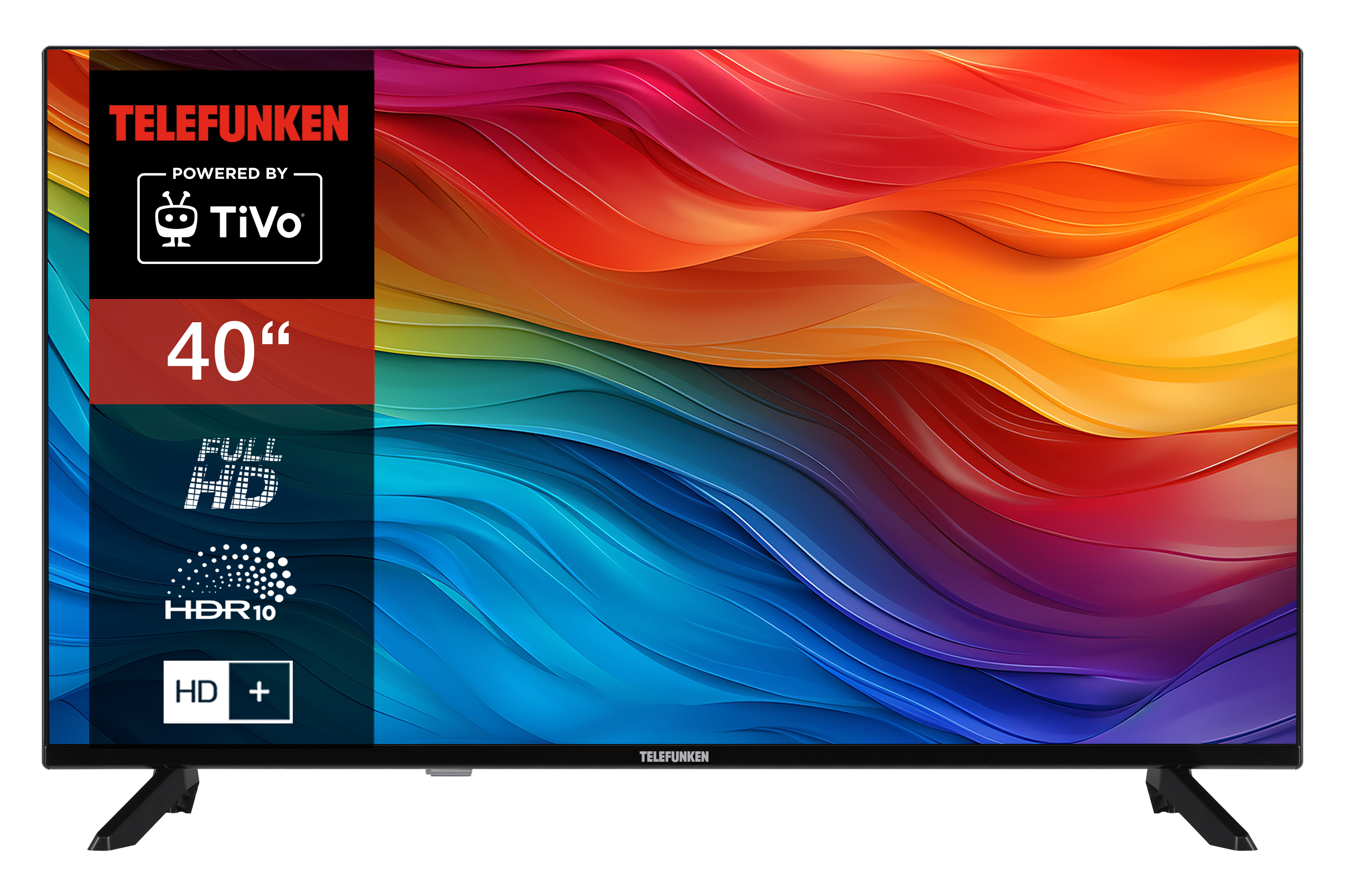 Ein Telefunken 40-Zoll-Fernseher mit buntem Bildschirm. Er hat einen Standfuß und das Markenlogo.
