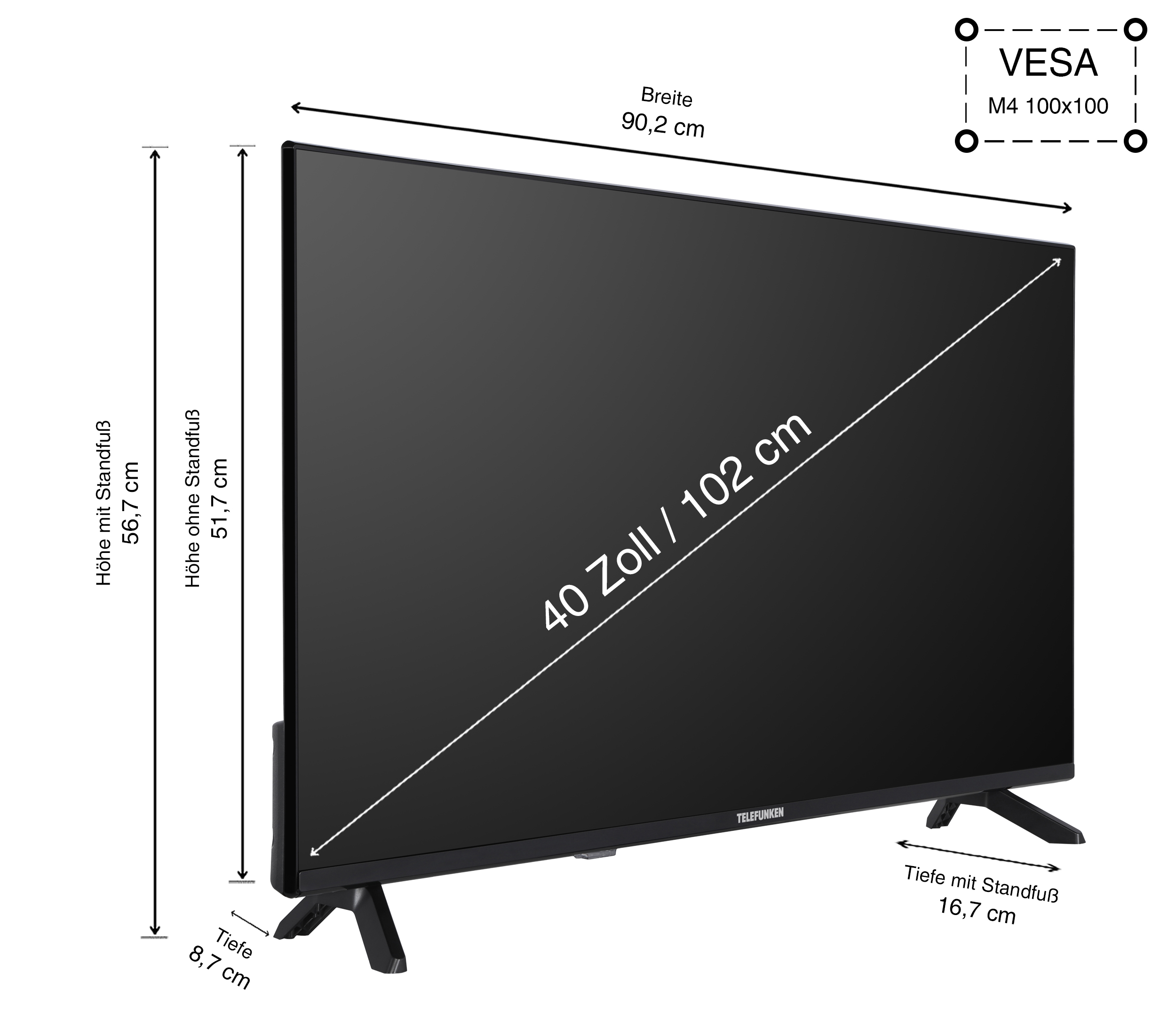 Schwarzer Fernseher mit Maßen: 40 Zoll, 90,2 cm Breite, 51,7 cm Höhe ohne Ständer.