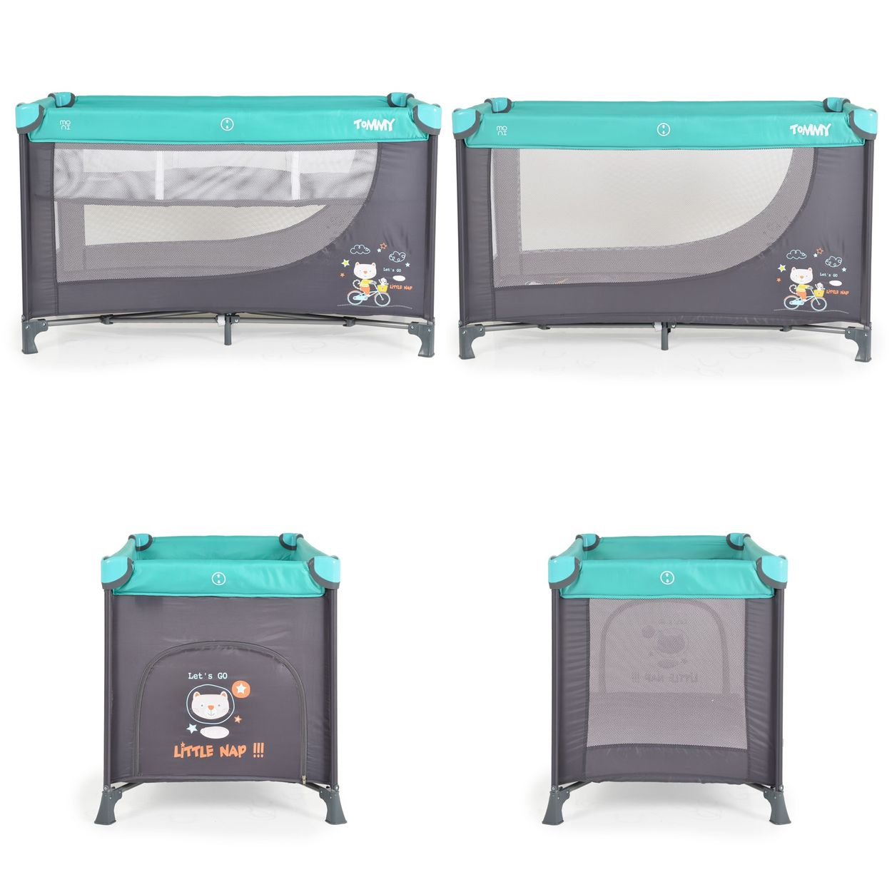 Vier Ansichten eines Baby-Laufstalls mit tealfarbenem Oberteil und grauen Seiten, mit Cartoon-Design.
