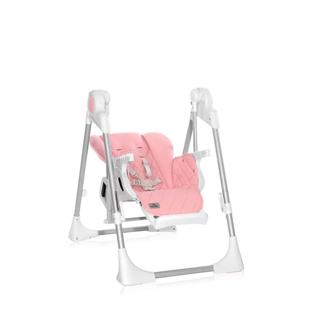 Rosa Babyschaukel mit weißem Rahmen. Babyschaukelstuhl mit einem Baby darin.