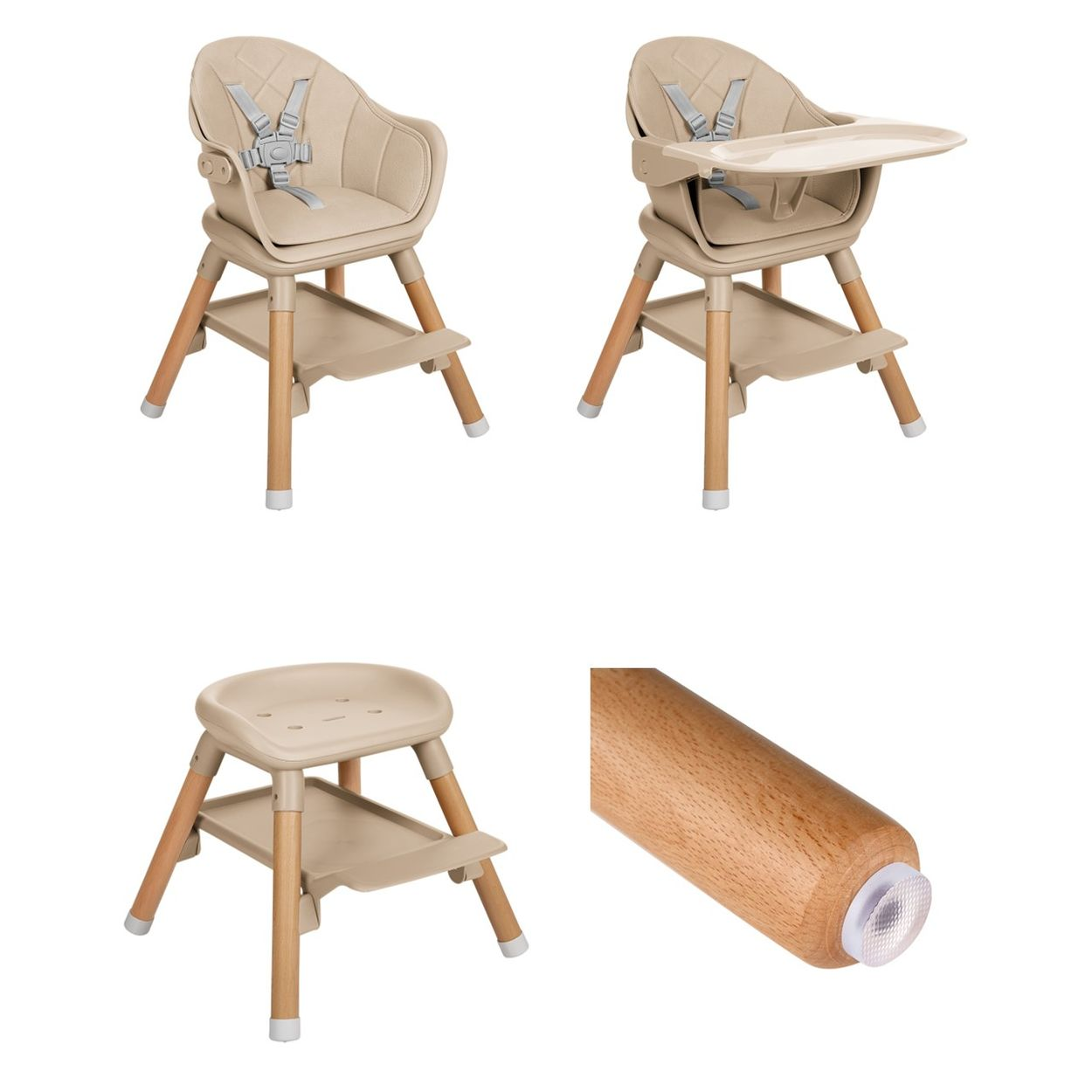 Ein beige Hochstuhl in mehreren Ansichten, einschließlich montierter und demontierter Teile mit Holzbeinen.