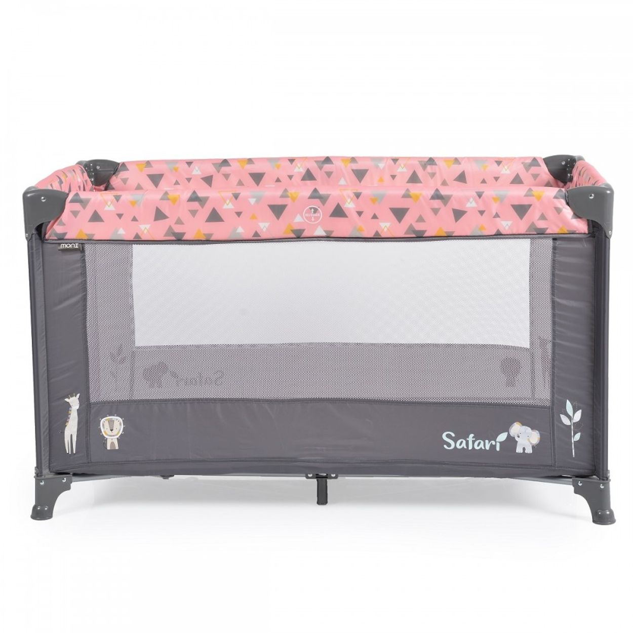 Rosa-grauer Babyspielplatz. Mit Netzseiten, Safari-Motiv und Tiergrafiken.