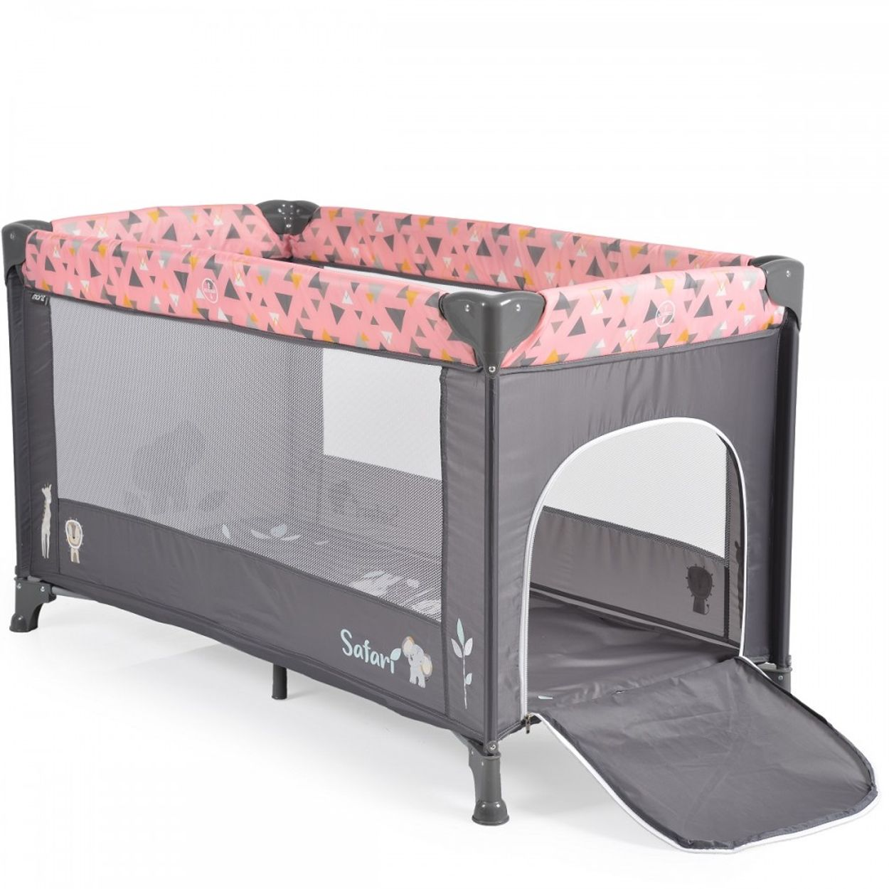 Grau-rosa Baby-Laufstall mit Netzseite und offener Tür. Das Safari-Logo ist sichtbar.