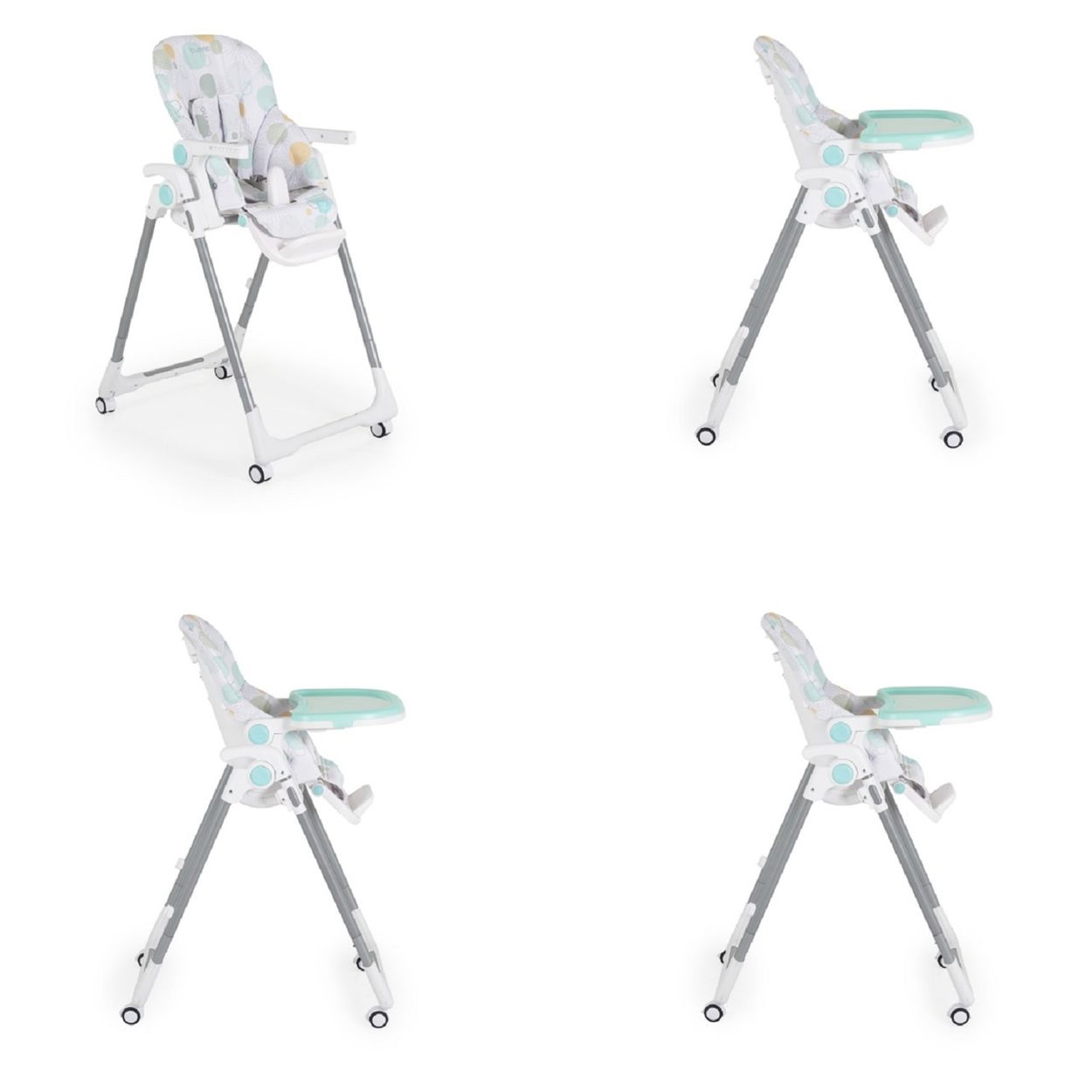 Vier Babyhochstühle in verschiedenen Winkeln. Weiß und Grau mit mintgrüner Ablage und Sitz.