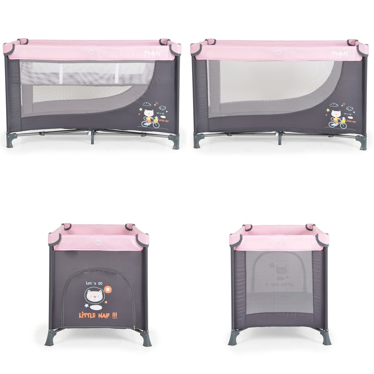 Vier Baby-Laufgitter. Sie sind grau und rosa. Die Laufgitter haben eine Netzseite.