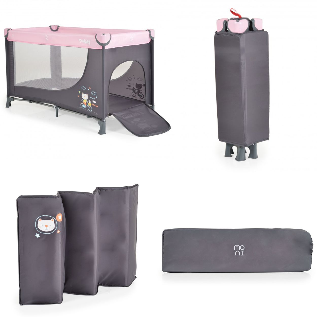 Zusammenklappbarer Baby-Laufstall in verschiedenen Konfigurationen. Rosa und graue Farben. Weißer Hintergrund.