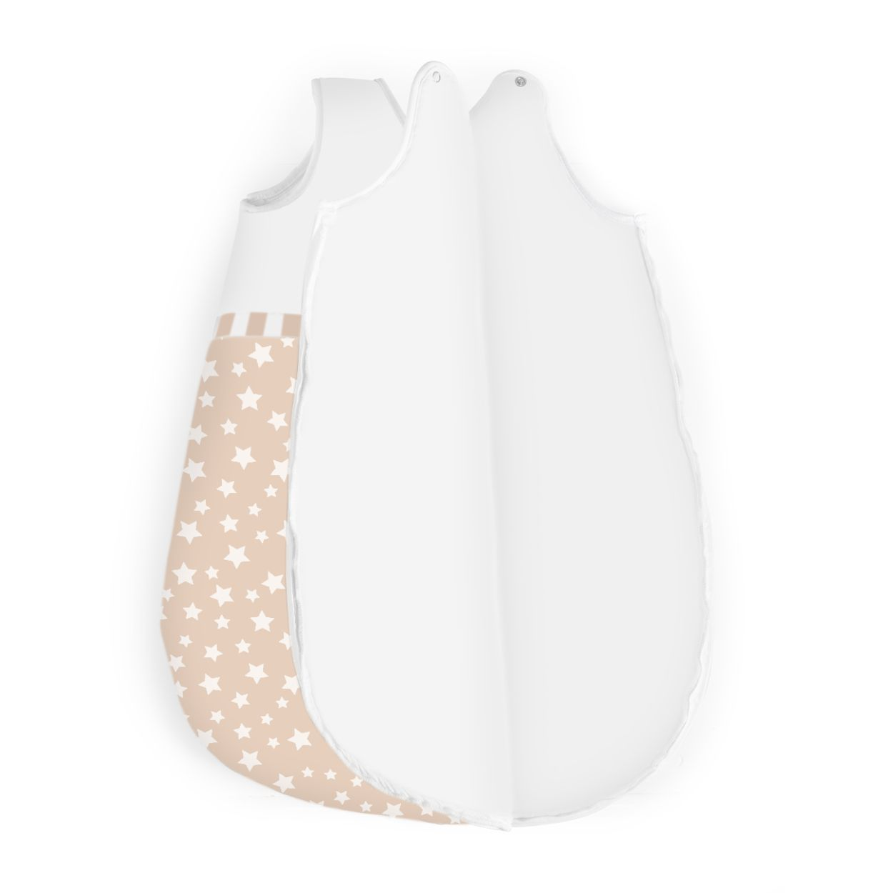 Babyschlafsack mit Sternenmuster auf der Vorderseite und weißem Innenraum.