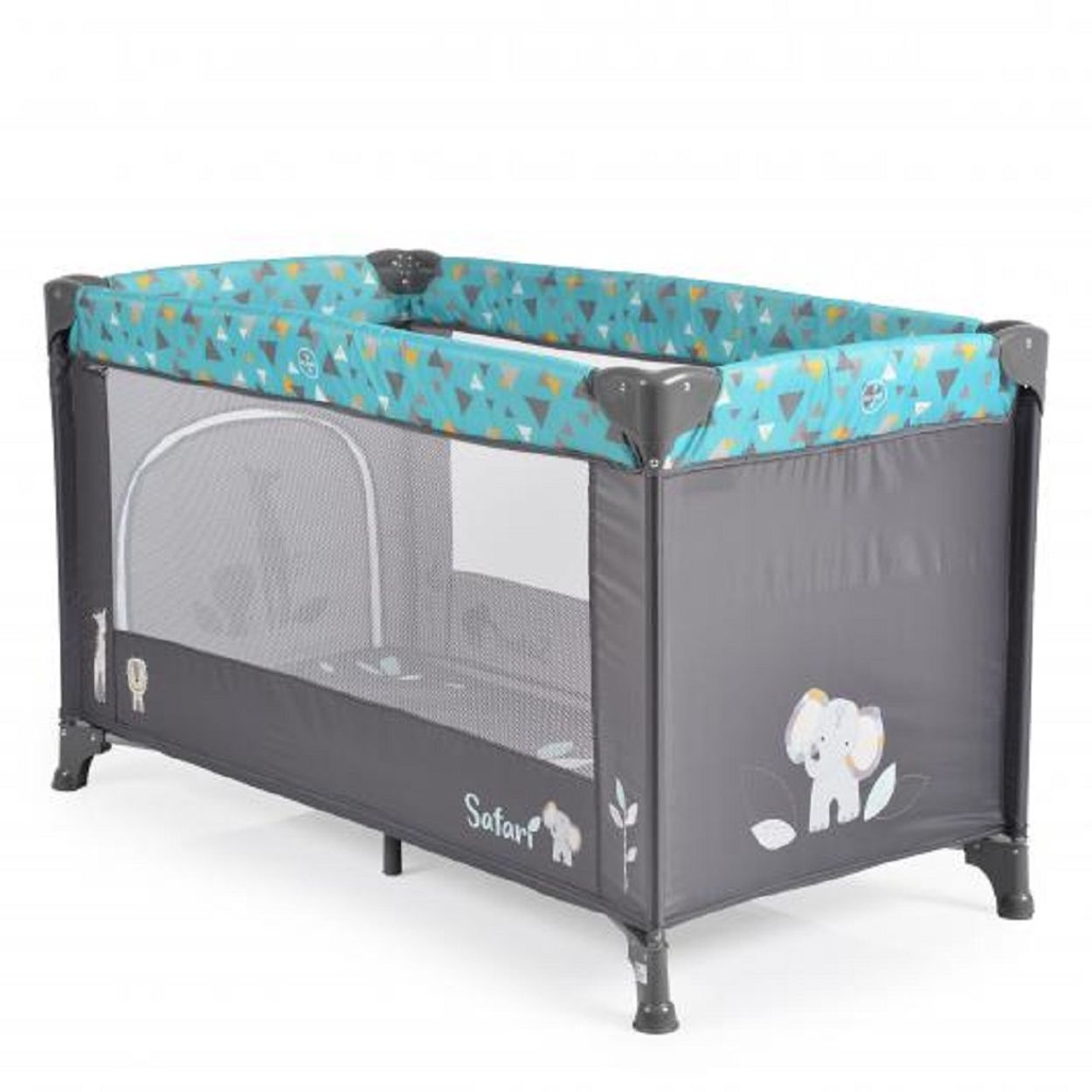 Ein graues und blaues Baby-Laufgitter mit einem Netz und einem Safari-Thema-Design mit einem Elefanten.