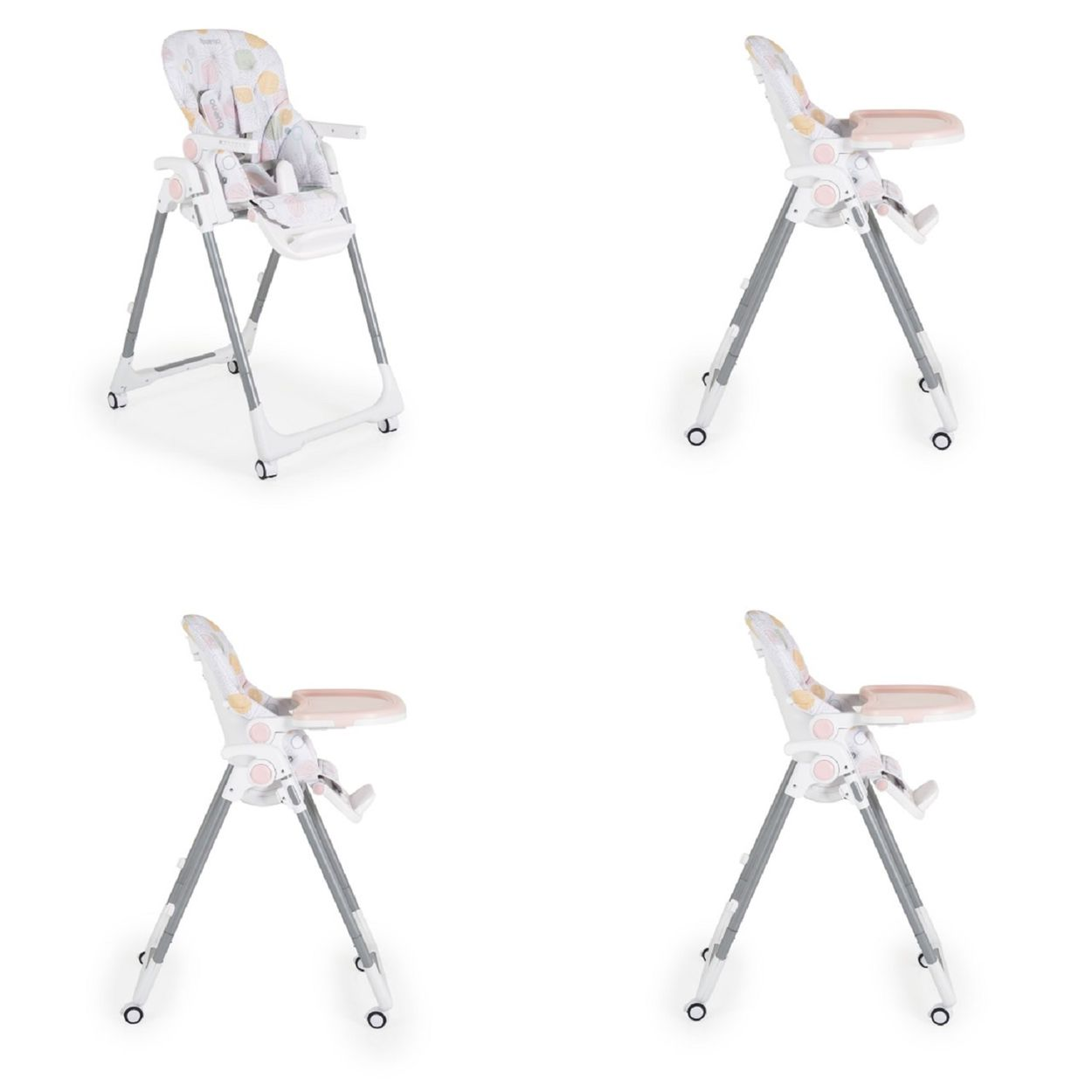 Vier Bilder eines Babyhochstuhls. Der Stuhl ist weiß und rosa mit einem Tablett. Verschiedene Winkel werden gezeigt.