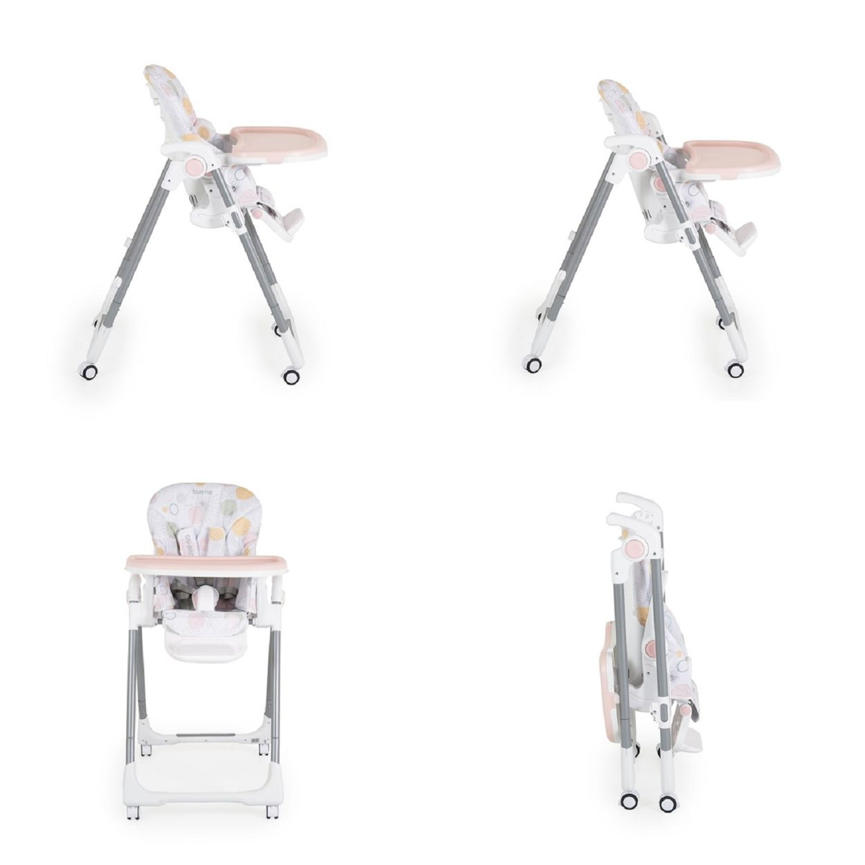 Vier Bilder eines Baby-Hochstuhls in verschiedenen Positionen: aufrecht, zurückgelehnt und zusammengeklappt.