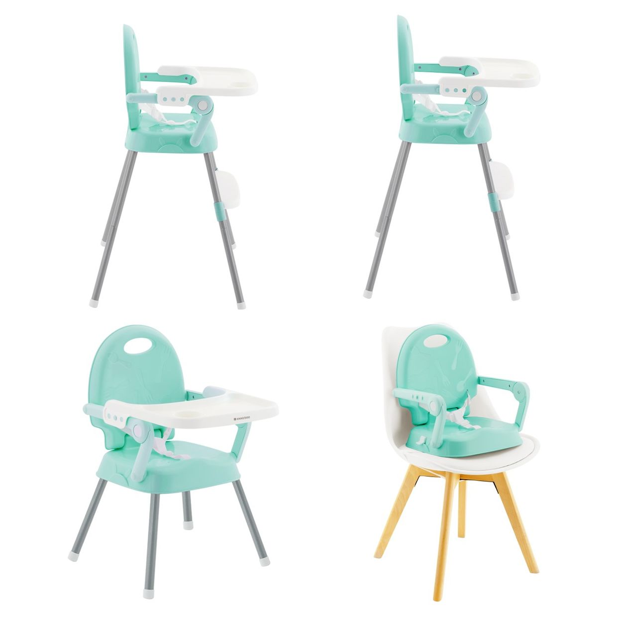 Vier Ansichten eines Babyhochstuhls. Er hat ein Tablett, einen Sitz und Metallbeine. Der Stuhl ist aqua und weiß.