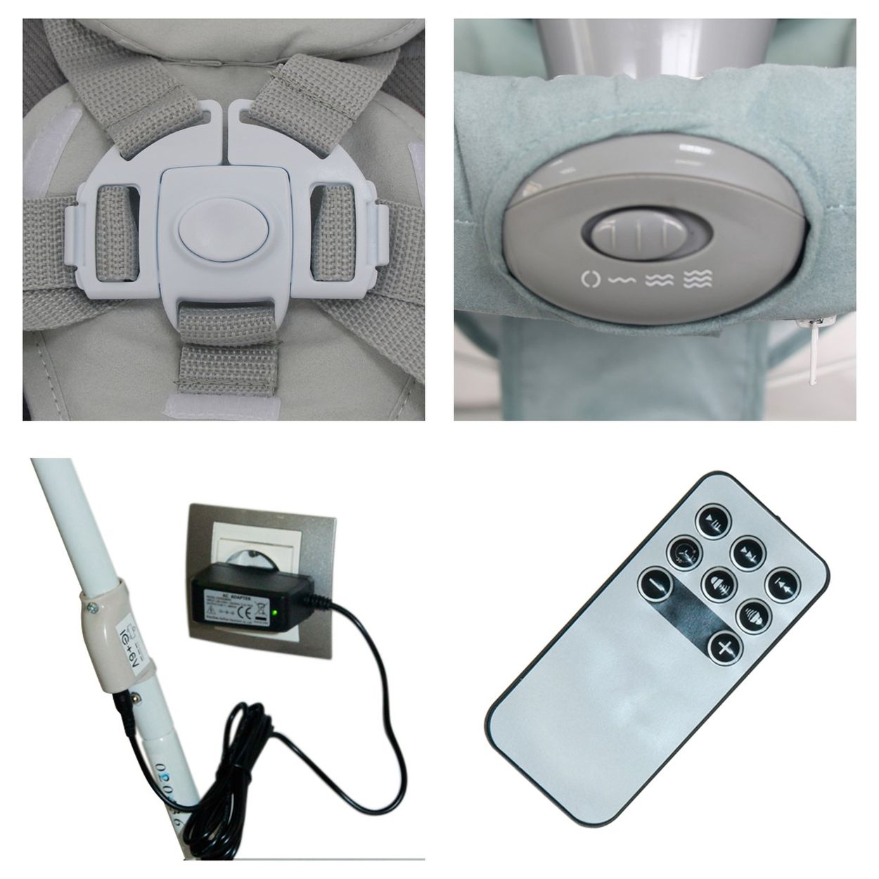 Babyschaukel, mit Sicherheitsgurt, Bedienfeld und Fernbedienung.