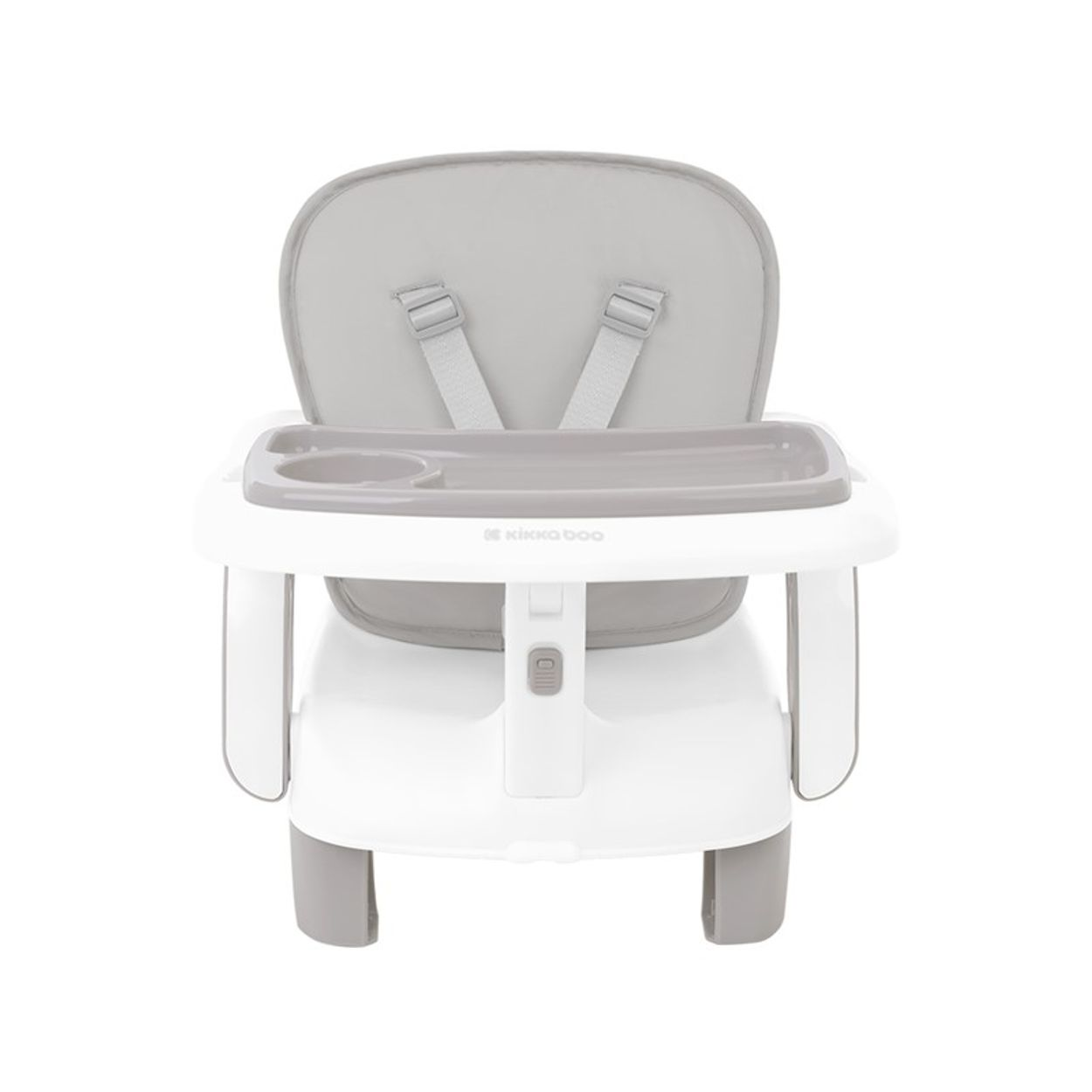 Silla de bebé blanca y gris con bandeja y correas de seguridad. La silla tiene base blanca y detalles grises.