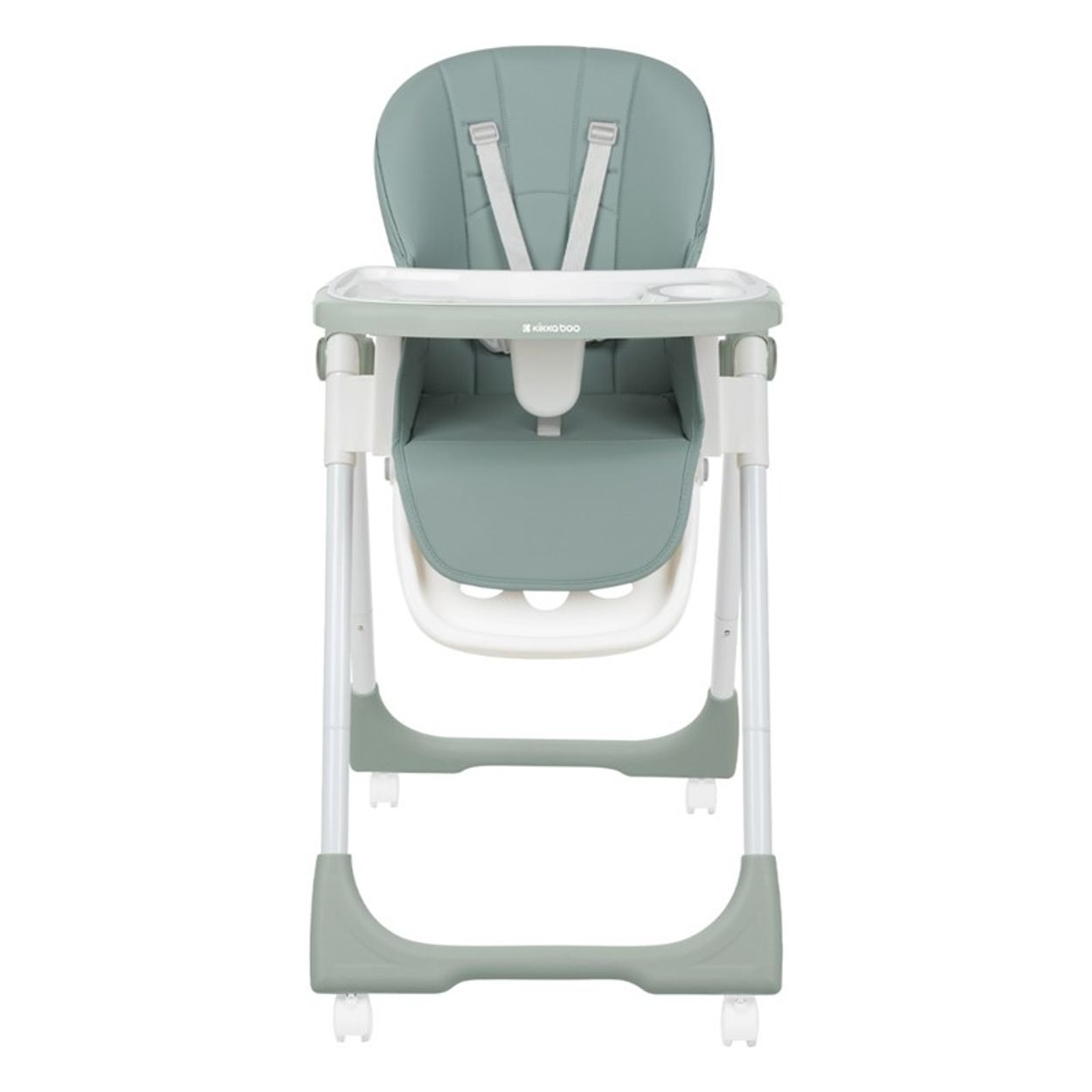 Ein Babyhochstuhl. Er ist hellgrün und weiß, mit Tablett und Sicherheitsgurten.