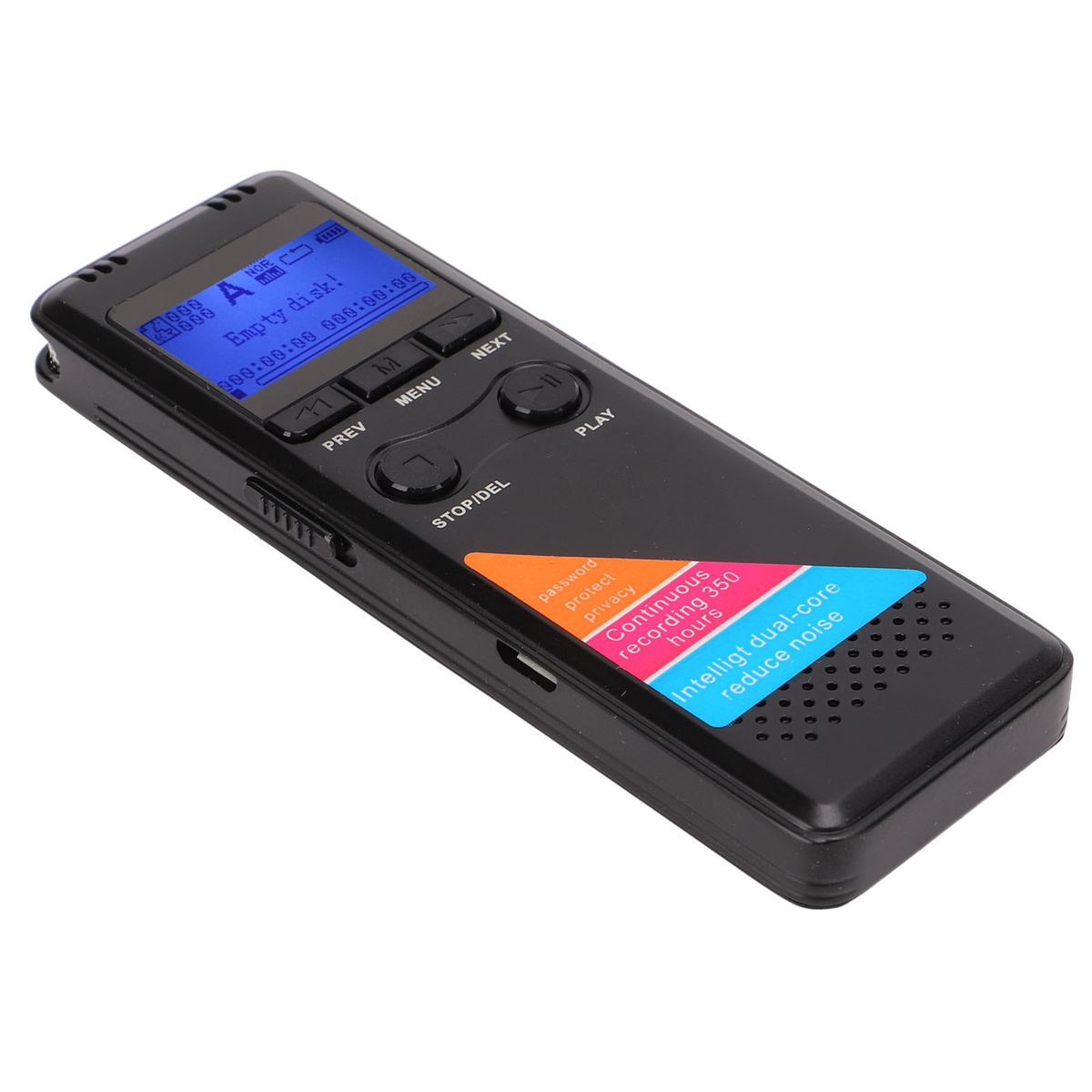 Ein schwarzes Aufnahmegerät. Es hat einen Bildschirm, Knöpfe und einen USB-Anschluss. Der Hintergrund ist weiß.