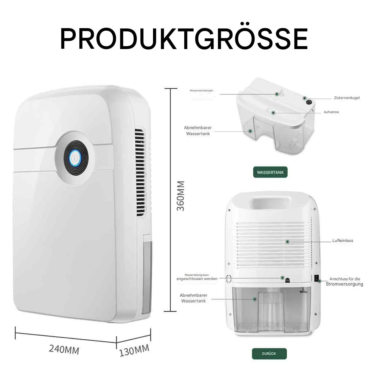 Ein weißer Luftentfeuchter mit Maßen und beschrifteten Komponenten, einschließlich Wassertank und Lufteinlass.