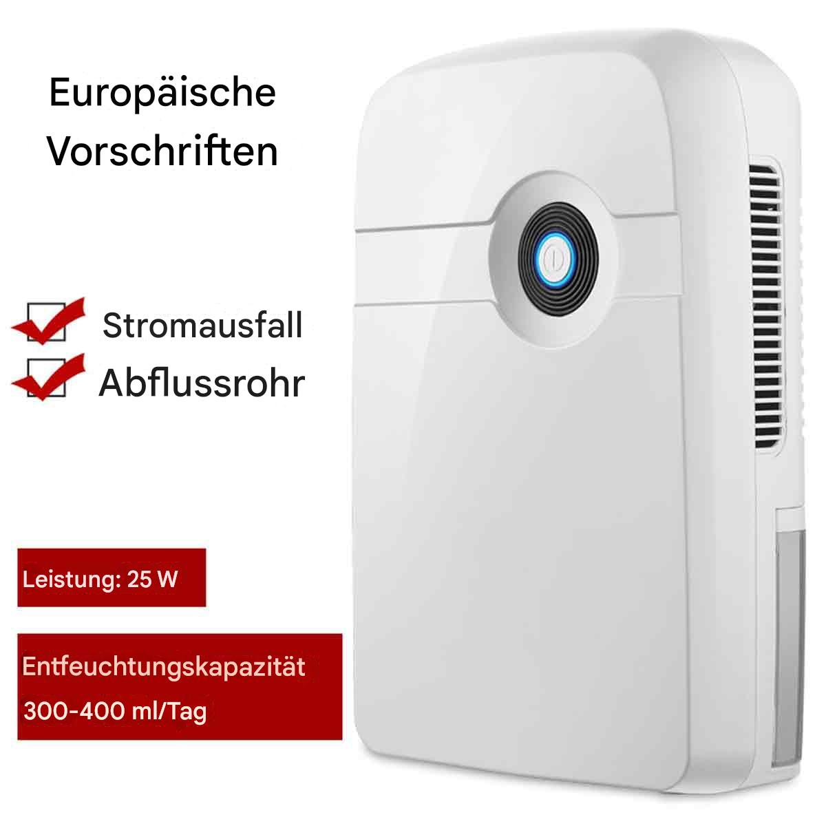 Weißer Luftentfeuchter mit Text. Der Text lautet: "Europäische Vorschriften", "Stromausfall", "Abflussrohr".