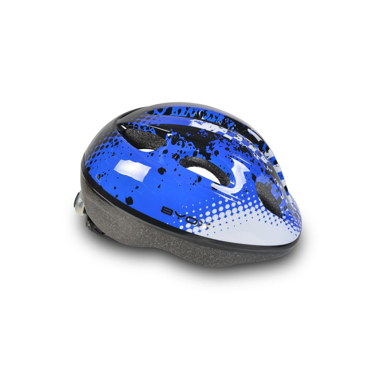 Blau-weißer Helm mit schwarzem Riemen und weißem Hintergrund. Der Helm ist zum Radfahren.