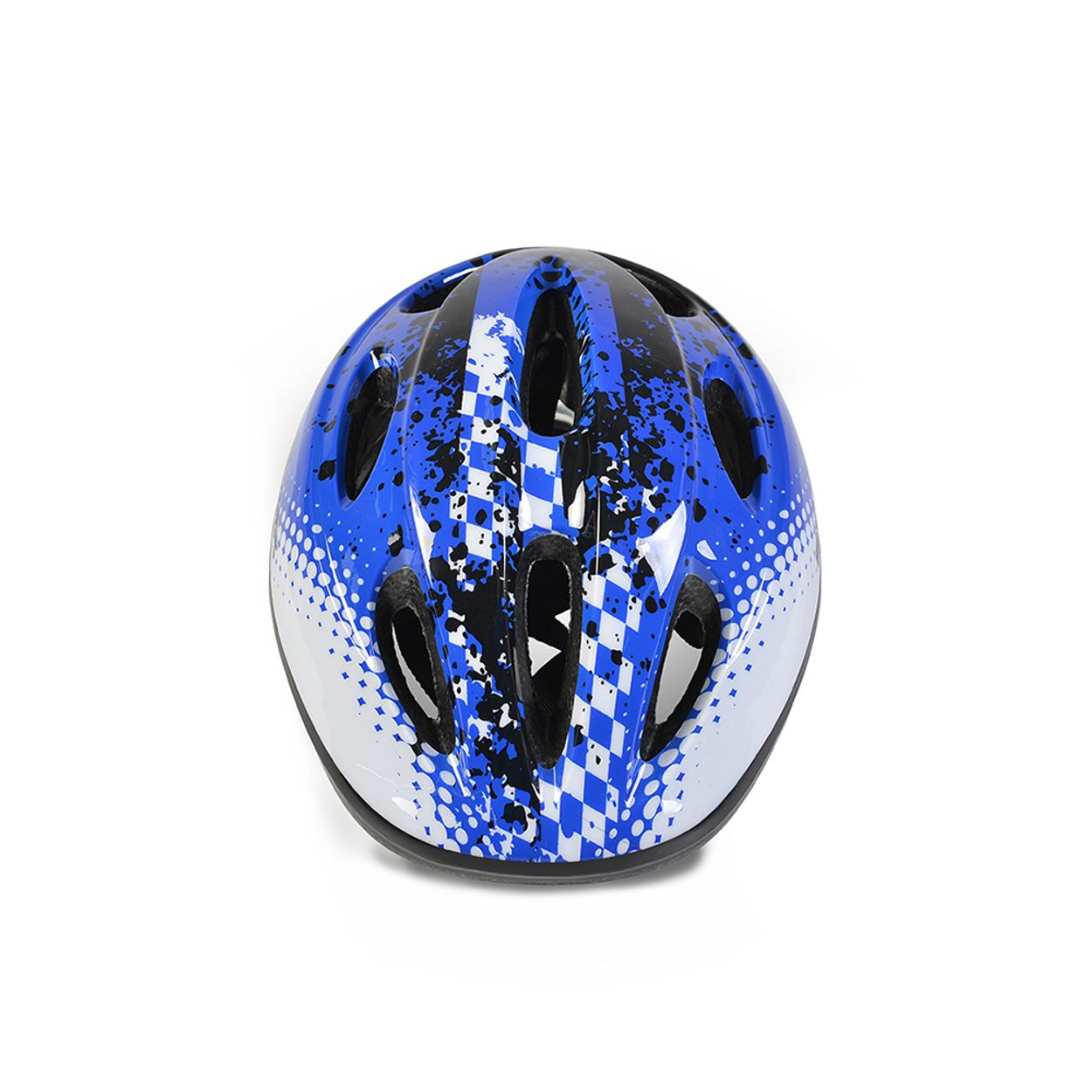 Blau-weißer Fahrradhelm. Der Helm hat Luftschlitze.