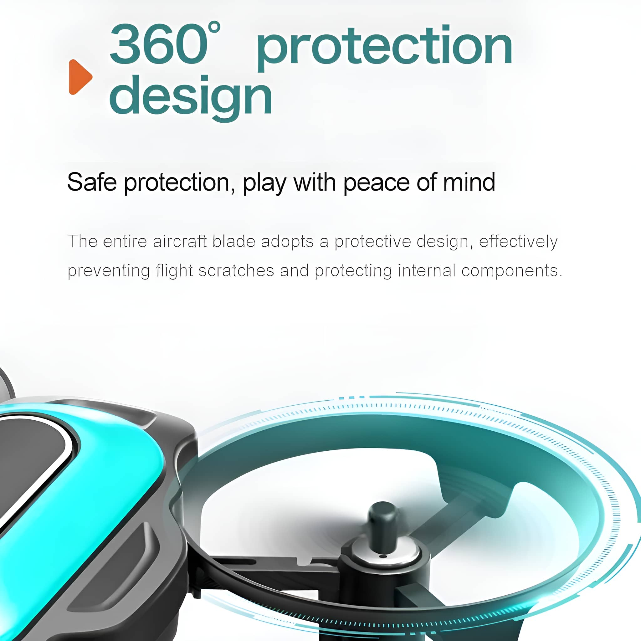 Drohne mit 360-Grad-Schutzdesign, mit cyanfarbenen und schwarzen Details, weißer Hintergrund.