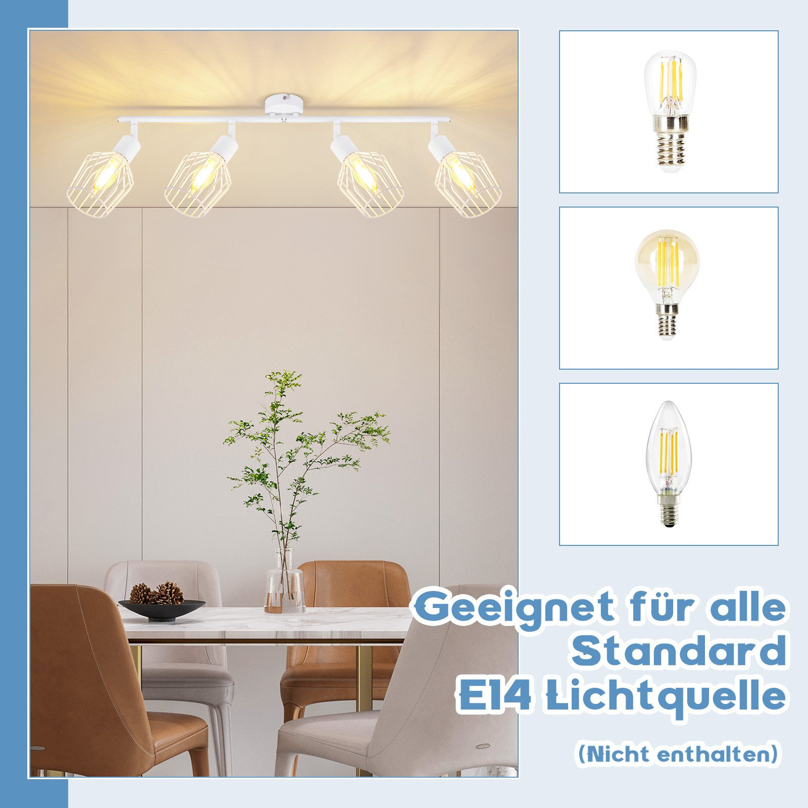 Sala da pranzo con tavolo, sedie, lampada con lampadine e pianta in vaso.