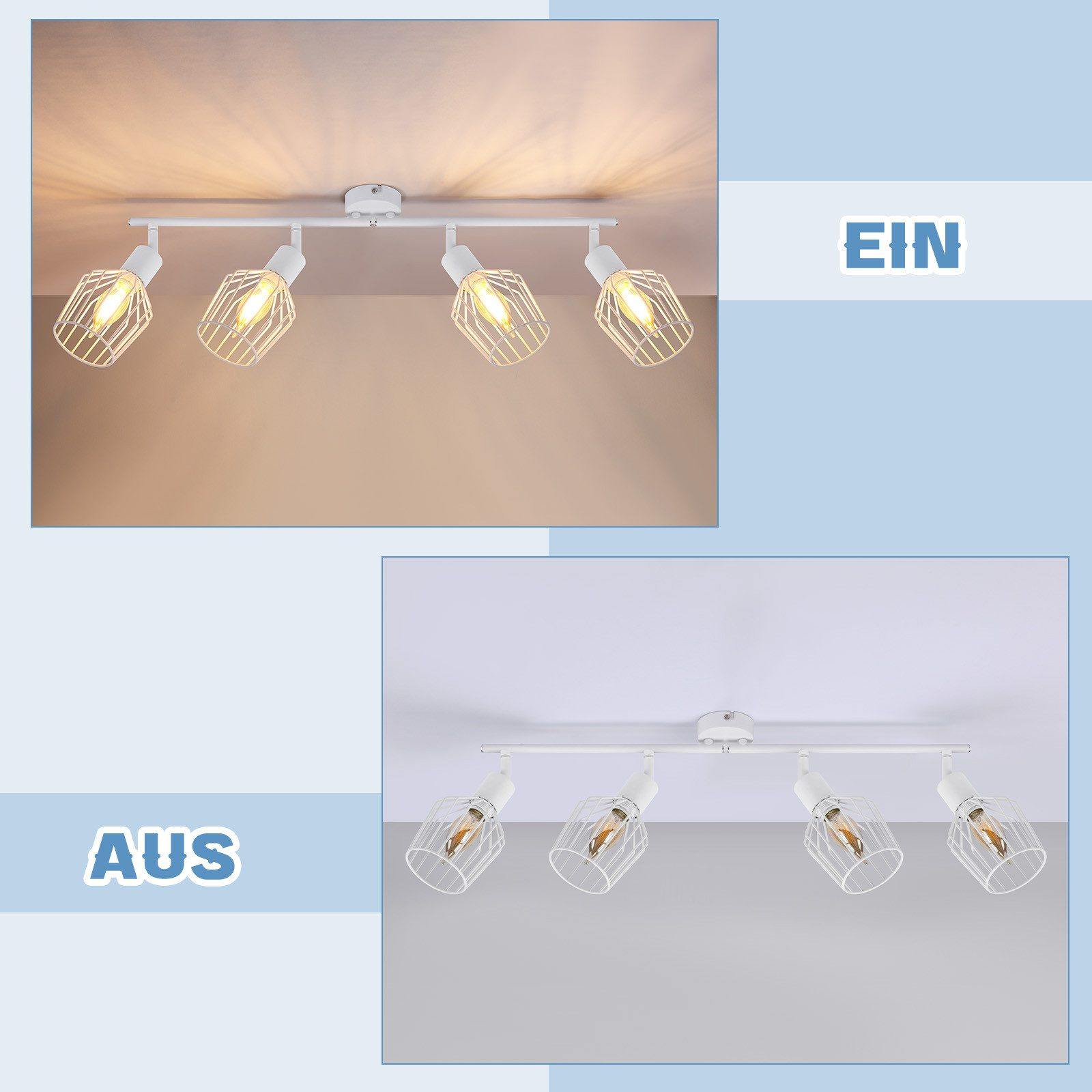 Luci a soffitto. Binario bianco con luci multiple; un set è ON, l'altro è OFF.
