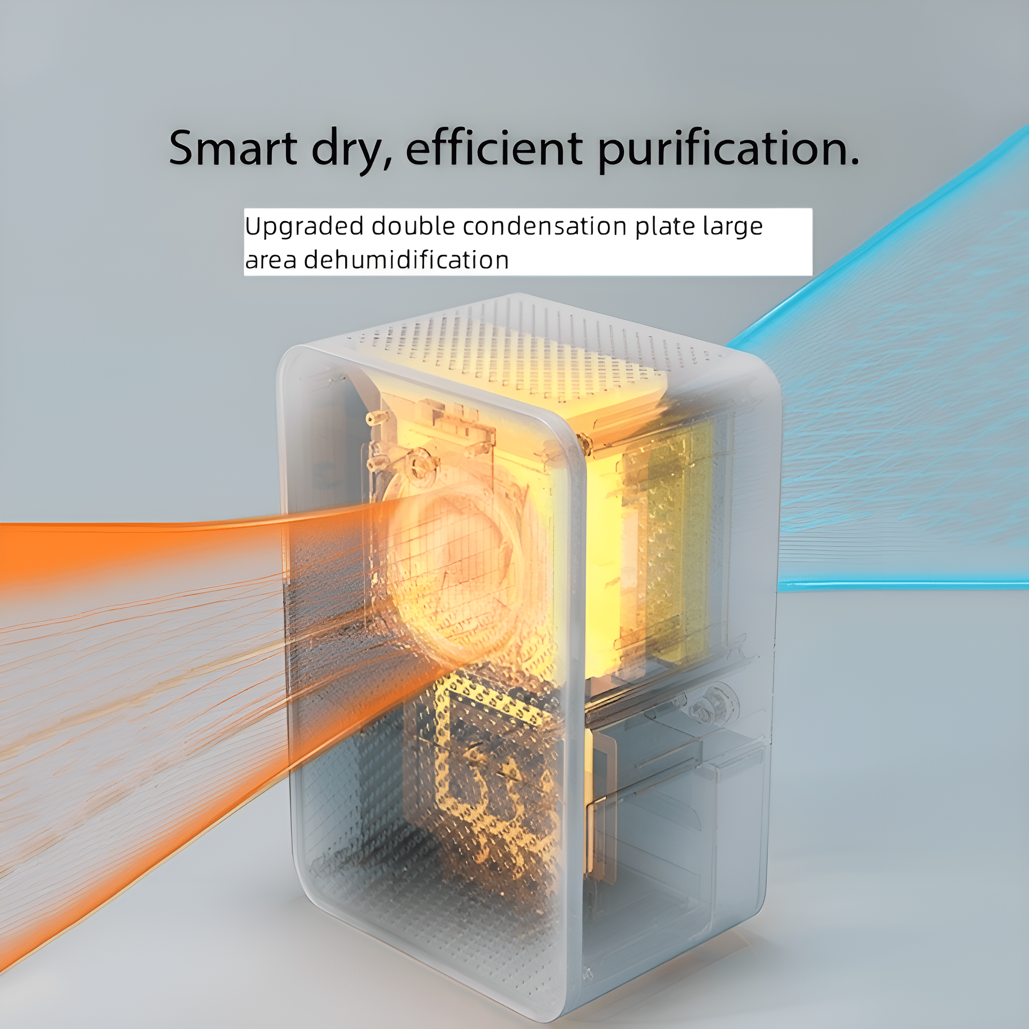 Transparenter Luftentfeuchter mit orangefarbenen und blauen Luftströmungslinien.